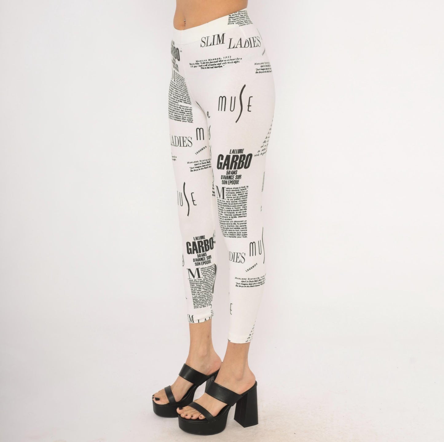 90s The Limited Newspaper Print Leggings Black White French Text XS