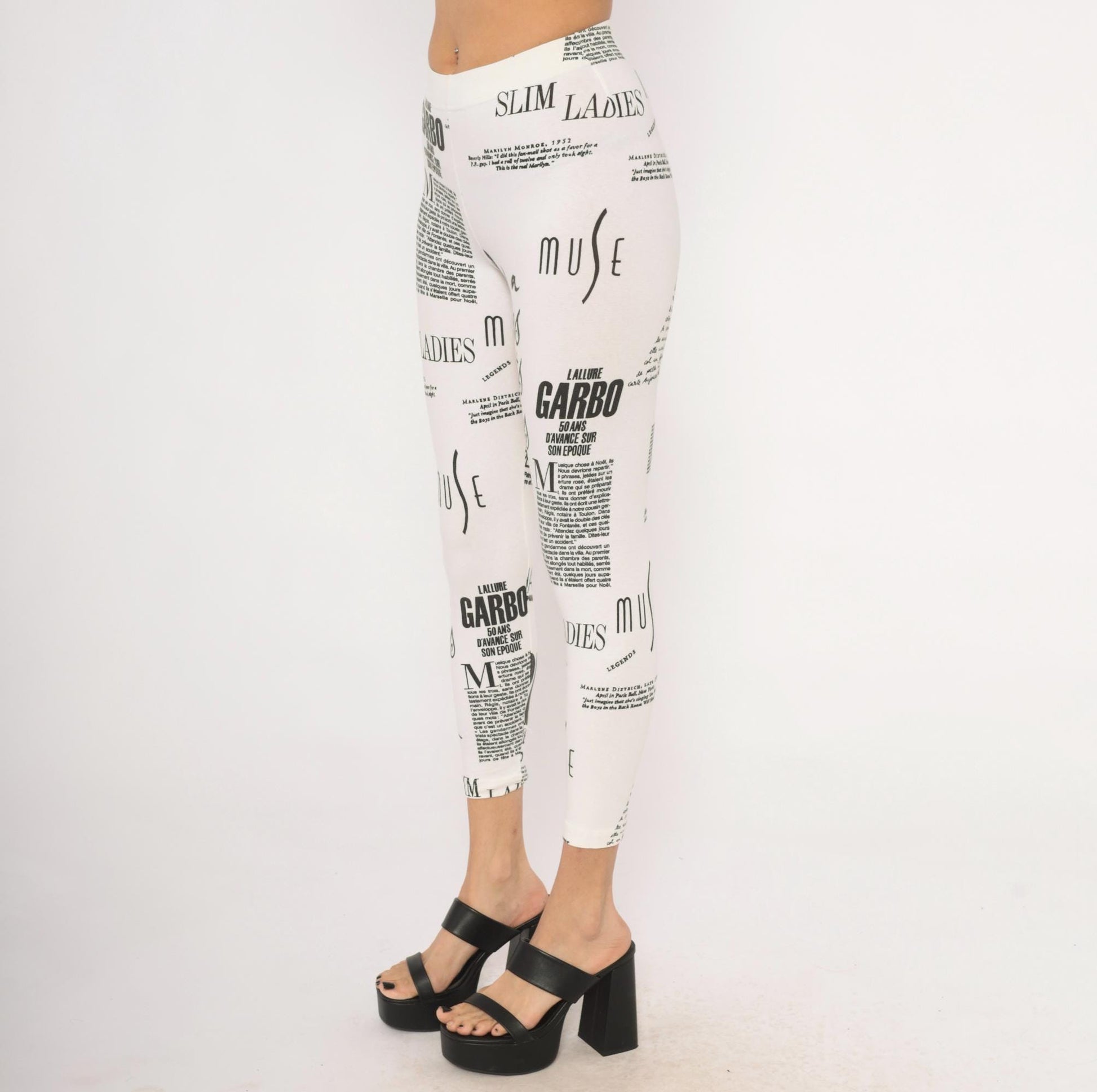 90s The Limited Newspaper Print Leggings Black White French Text XS