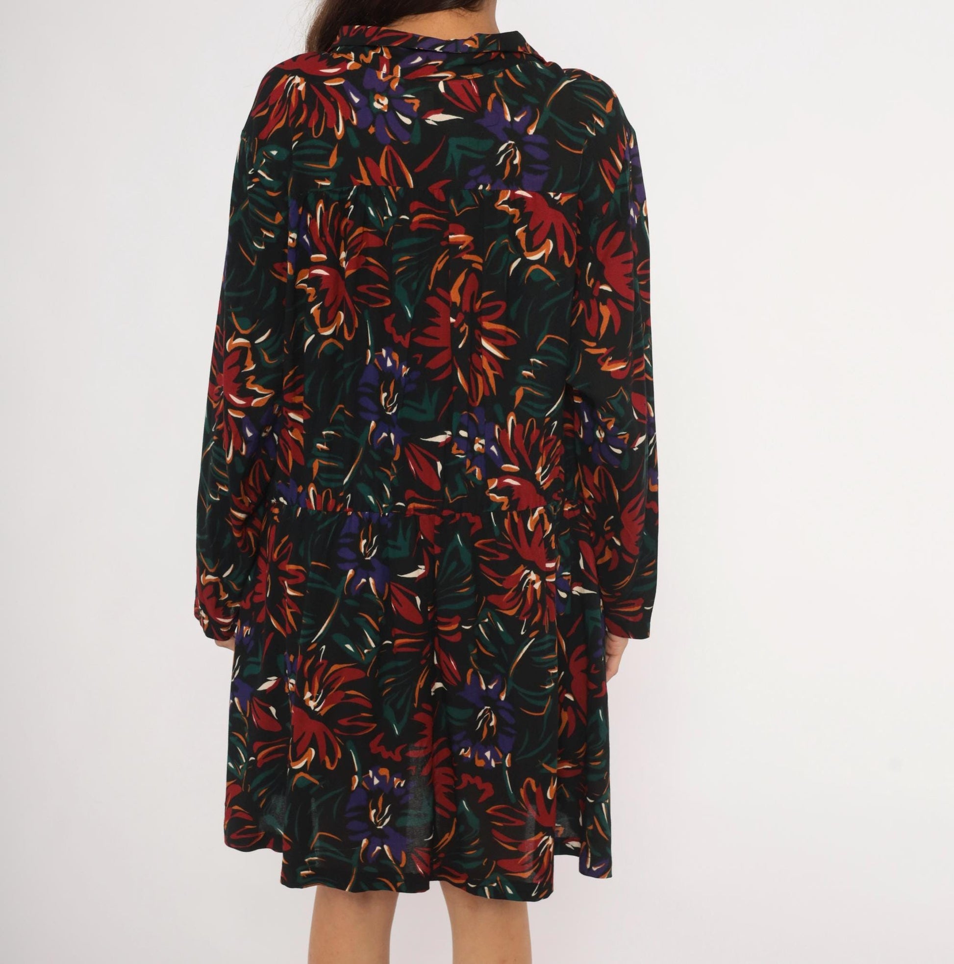 90s Sue Brett Collection Floral Mini Shirt Dress Black Burgundy Extra Large