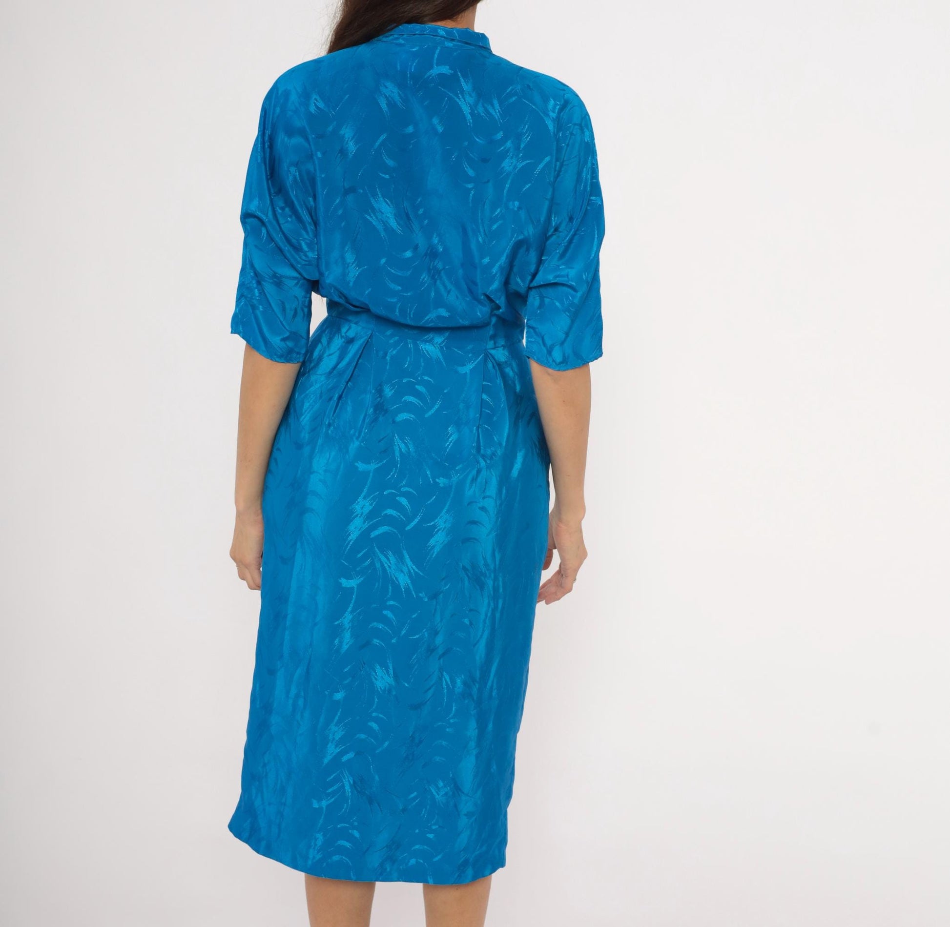 80s Joni Blair Cobalt Jacquard Shirtdress Midi Blue Half Sleeve Small S