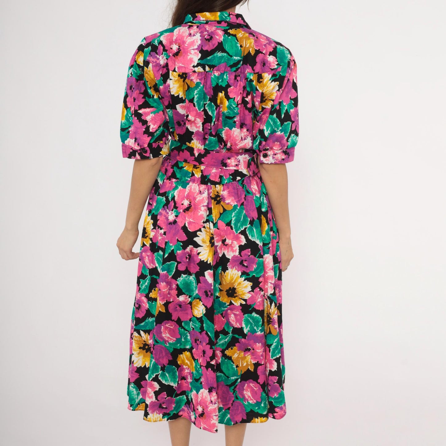 90s Ultra Dress Floral Midi Shirtdress Belted Notch Collar Multicolor Extra Large XL