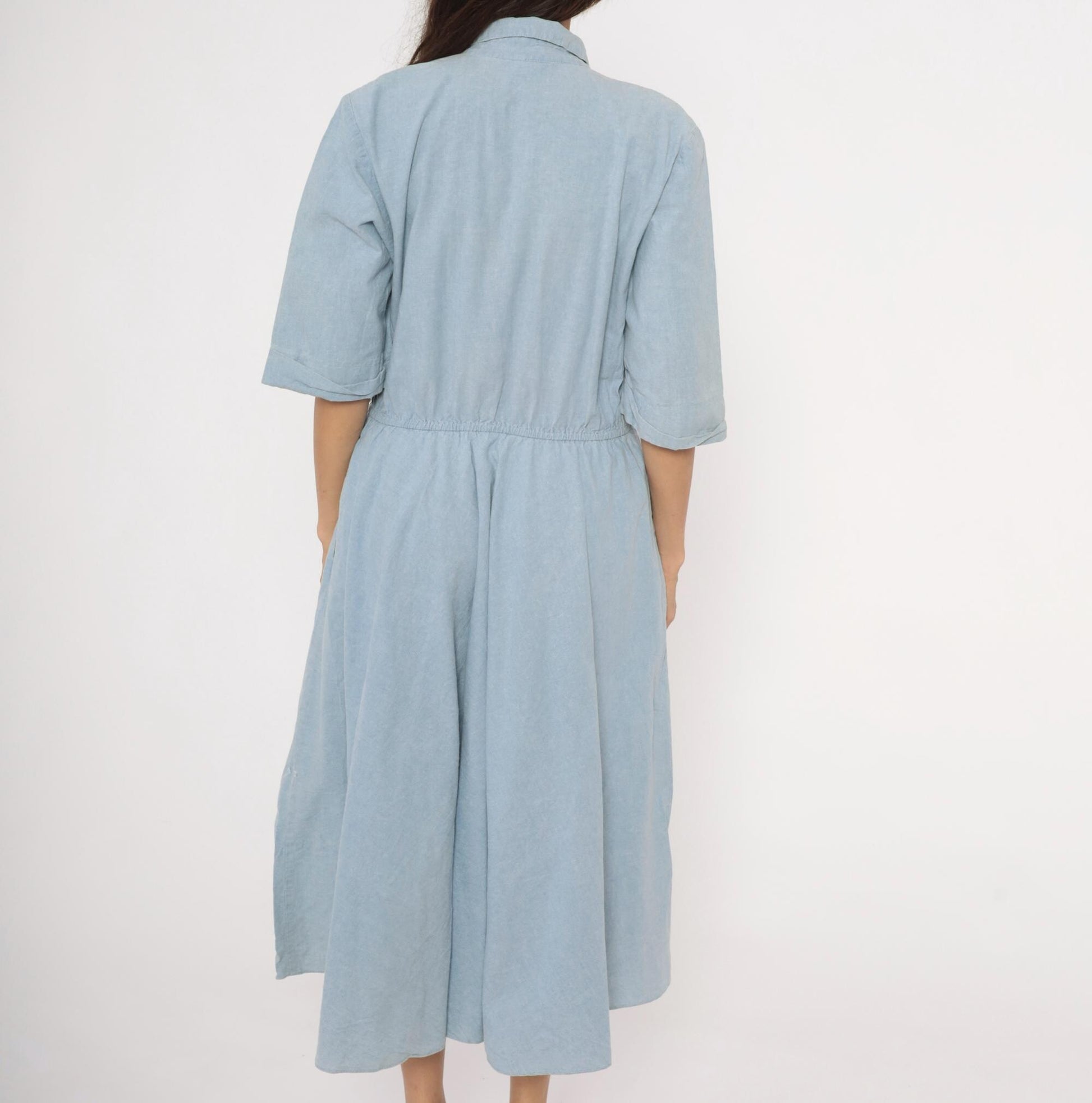 80s Powder Blue Chambray Shirt Dress Cotton Midi Flared Skirt Large L