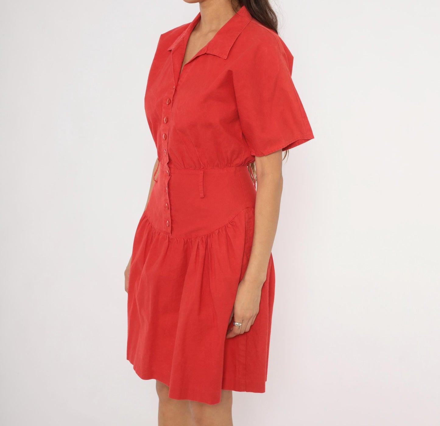 90s Wild Dress Red Cotton Shirtdress Drop Waist Gathered Skirt Medium M