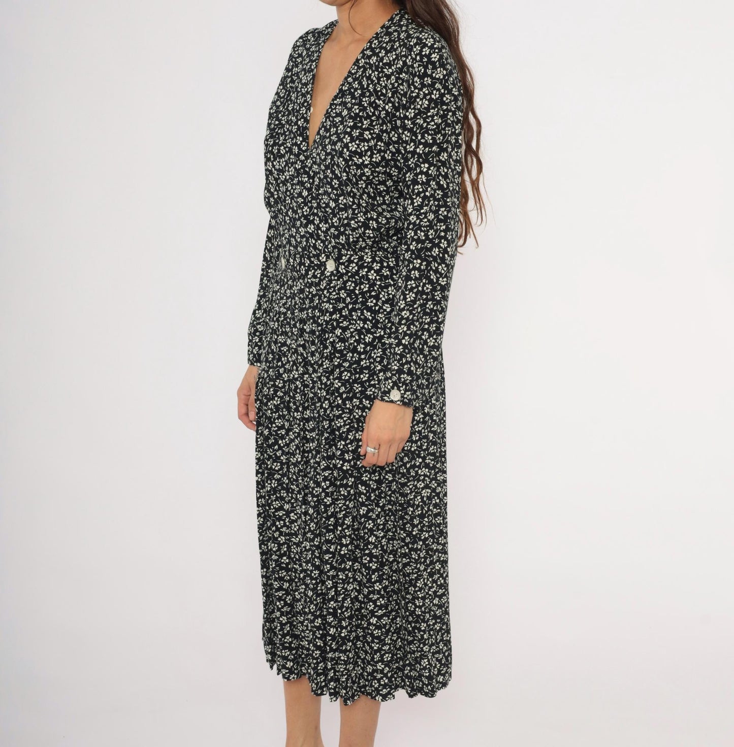 90s Liz Claiborne Black White Floral Midi Dress Double Breasted Large L