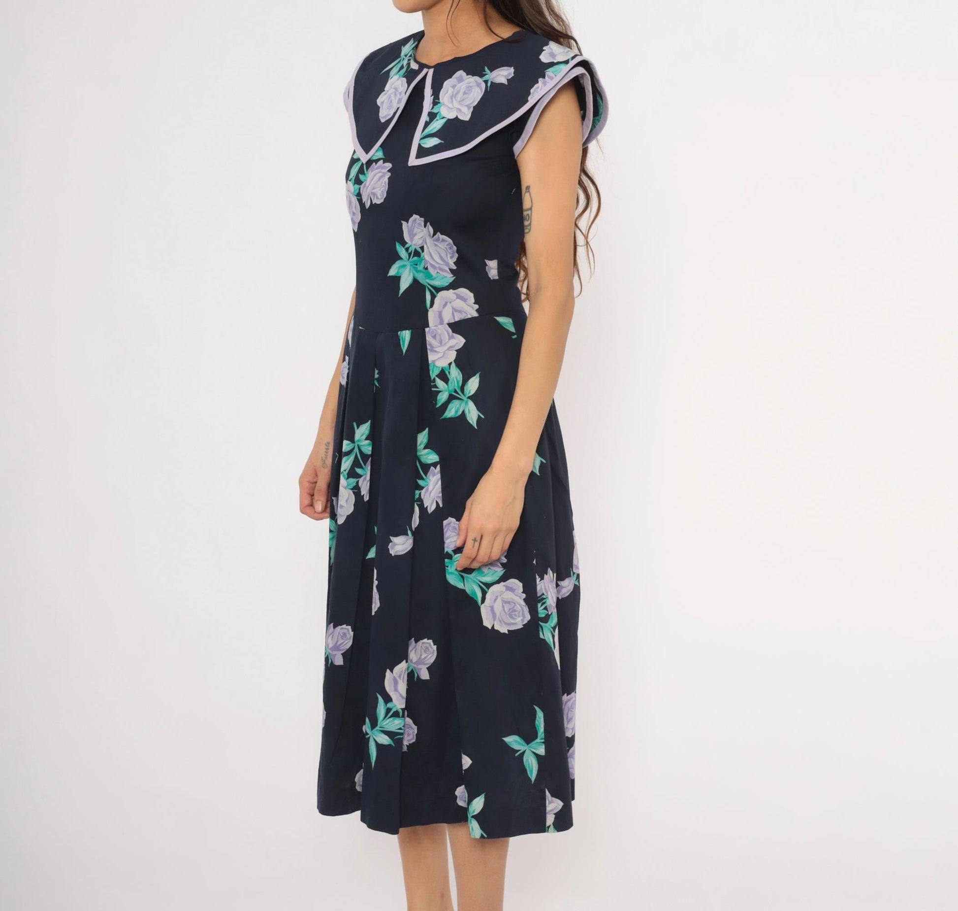 80s Kathryn Conover Floral Midi Dress Sailor Collar Cotton Purple Rose Extra Small XS