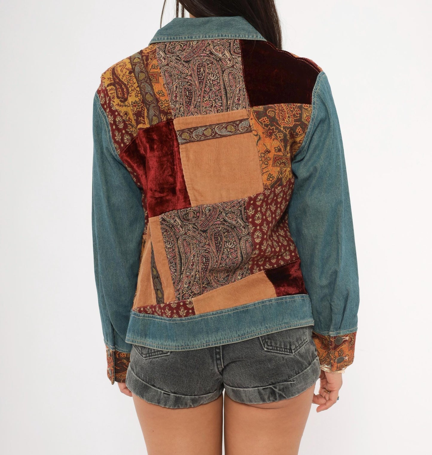 2000s Out Of The Blue Patchwork Denim Jacket Velvet Corduroy Paisley Small S
