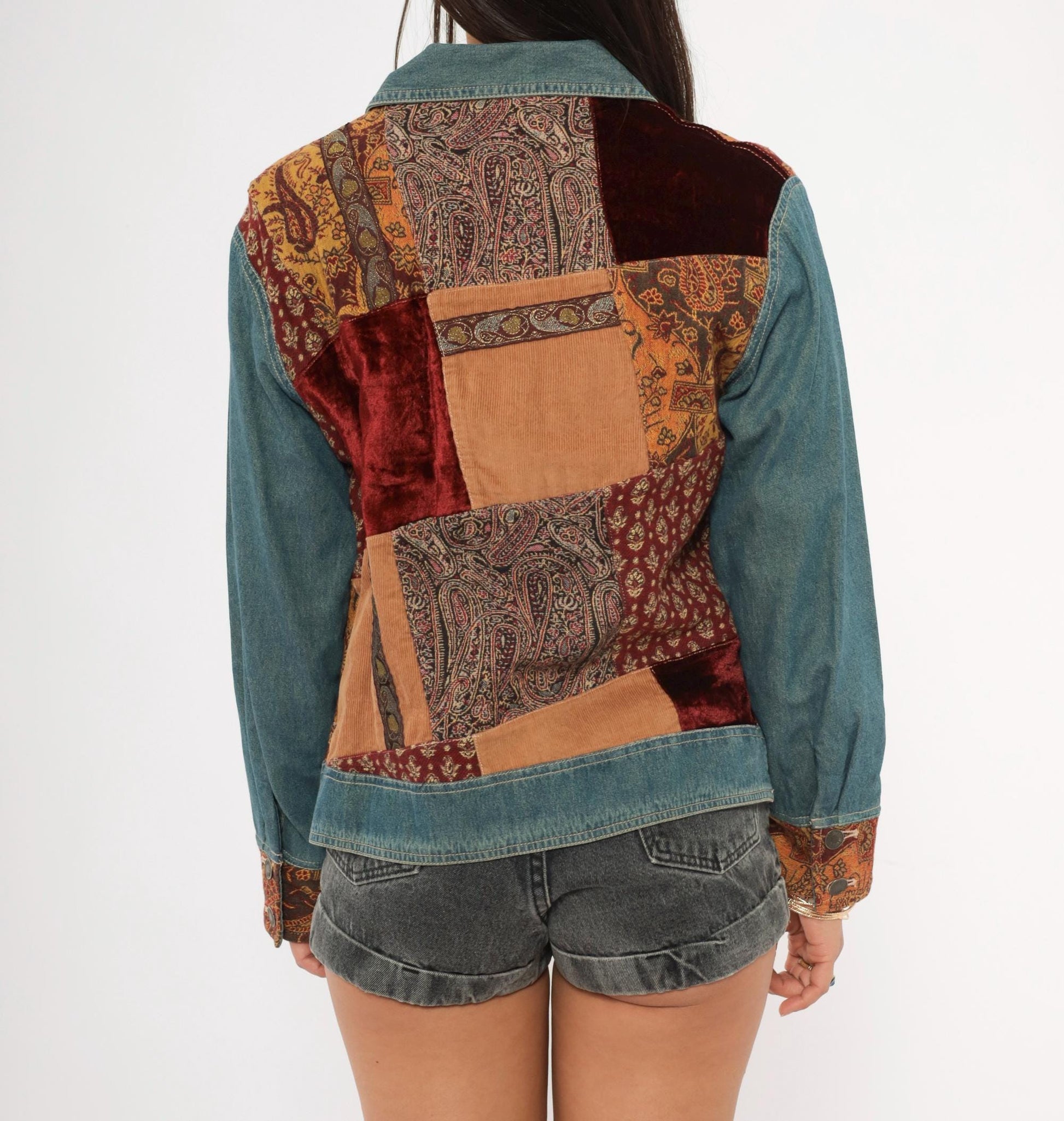 2000s Out Of The Blue Patchwork Denim Jacket Velvet Corduroy Paisley Small S