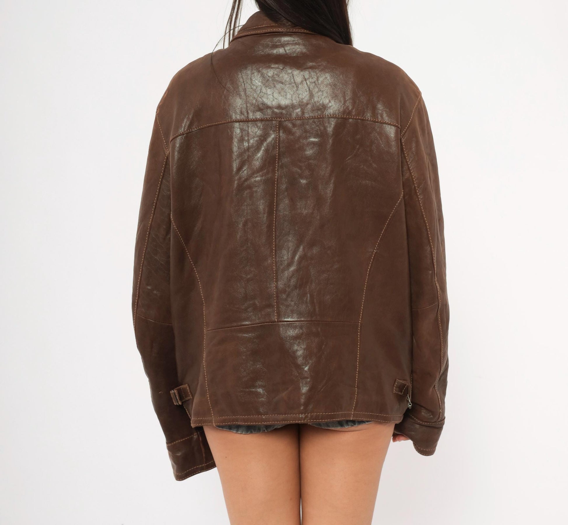 Y2K Wilsons Brown Leather Moto Jacket Paneled Spread Collar Large L