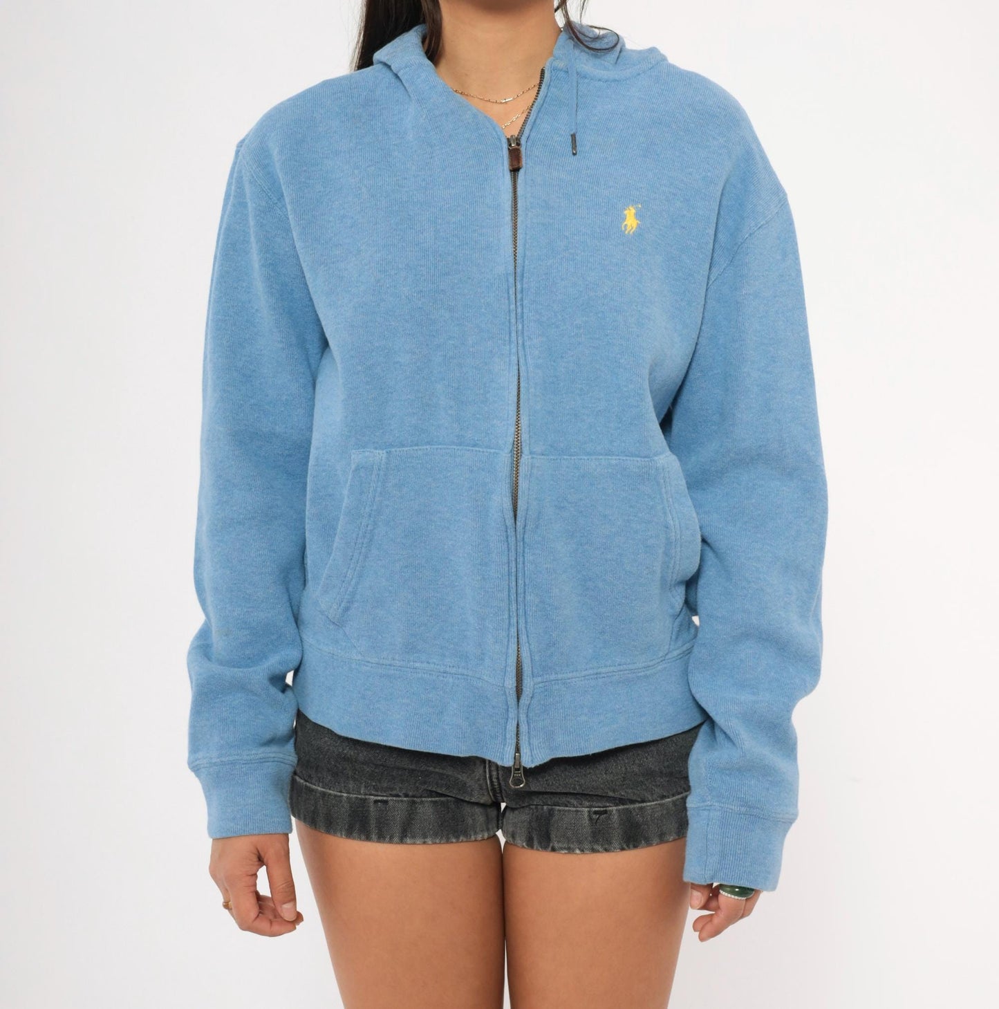 90s Polo Ralph Lauren Zip-Up Hoodie Sky Blue Cotton Medium M