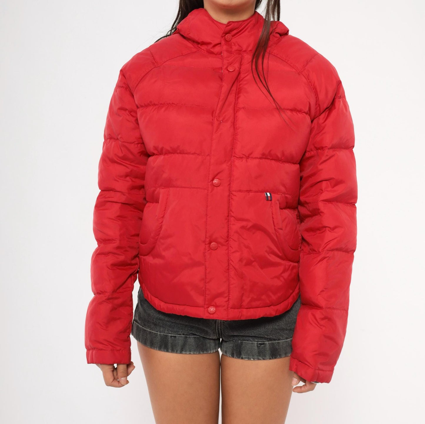 90s Tommy Jeans Red Down Puffer Jacket Hooded Cropped Quilted Medium M