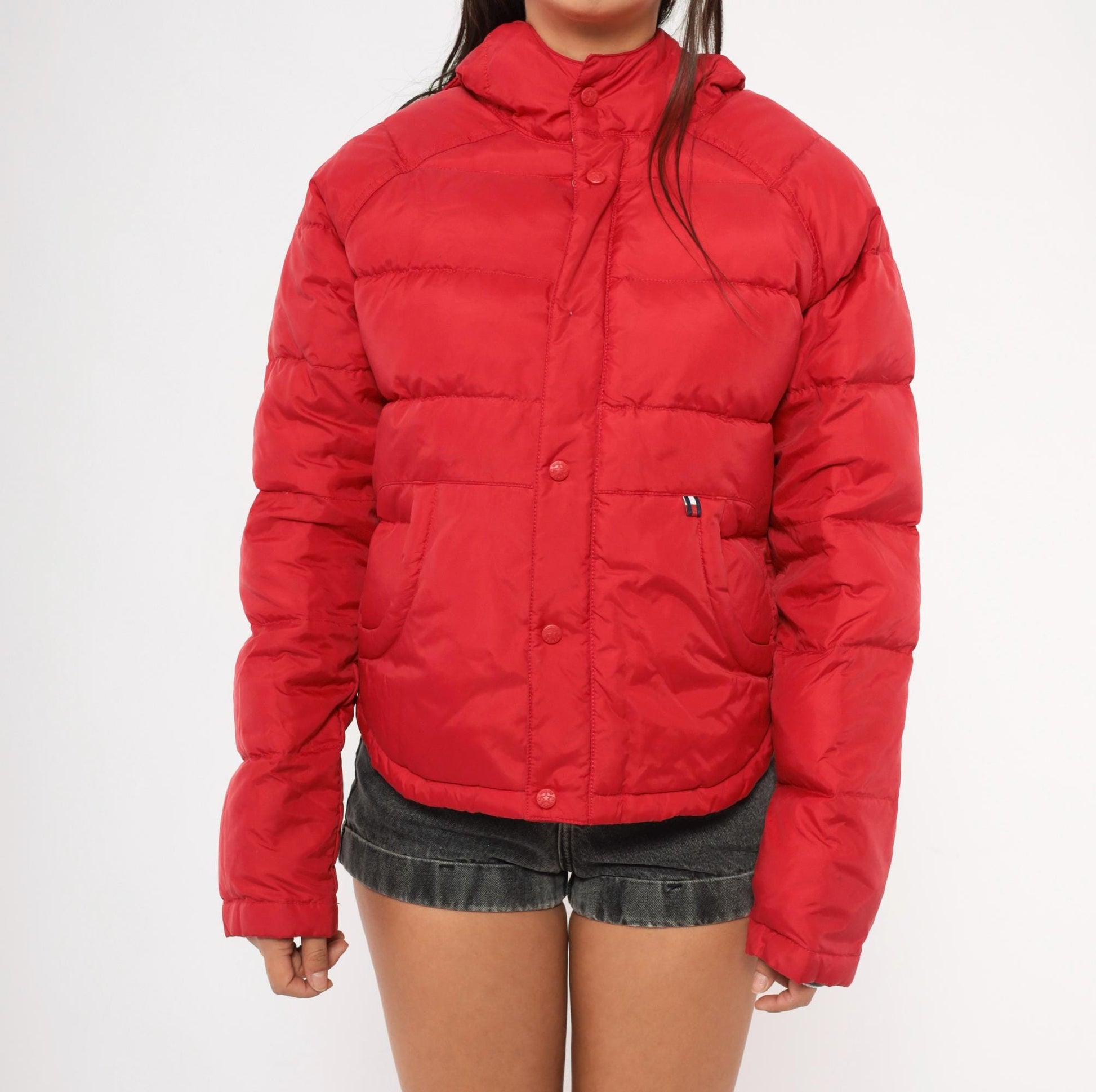 90s Tommy Jeans Red Down Puffer Jacket Hooded Cropped Quilted Medium M