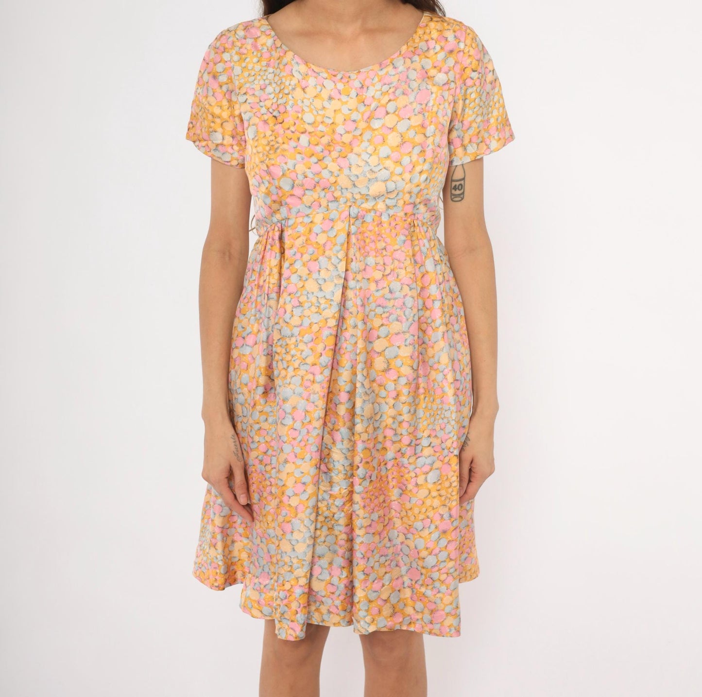 60s Silk Babydoll Dress Pebble Print Orange Pink Blue Mini Scoop Neck Medium M