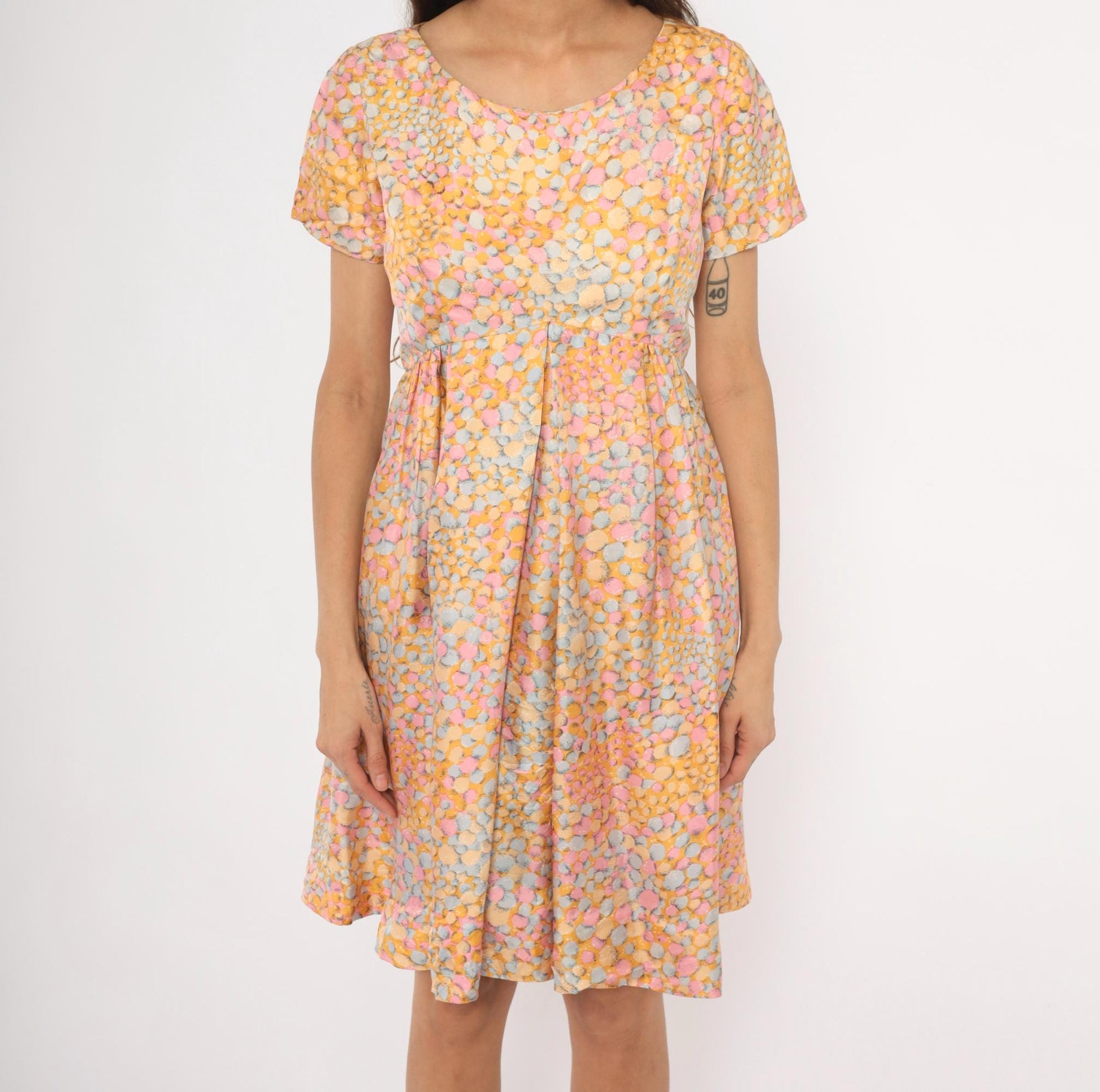 60s Silk Babydoll Dress Pebble Print Orange Pink Blue Mini Scoop Neck Medium M