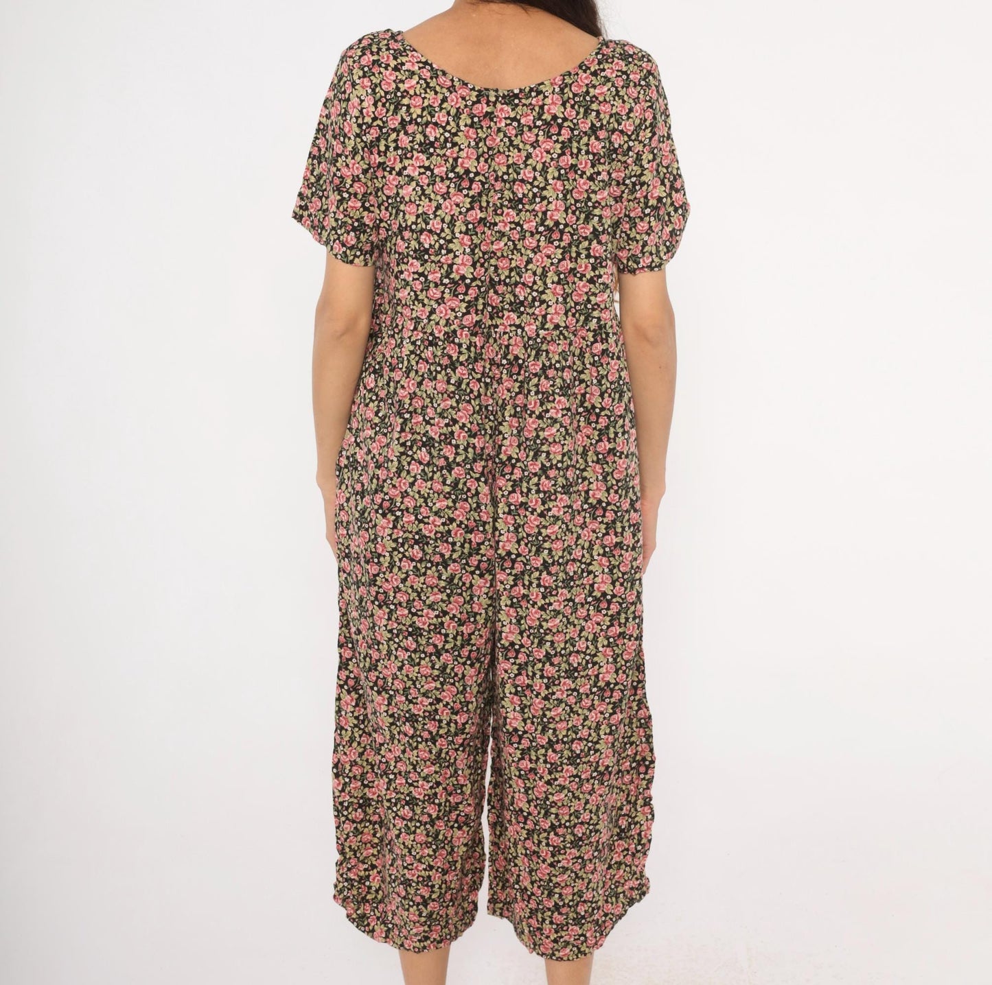 90s Black Floral Jumpsuit Wide Leg Rose Print Scoop Neck Medium M