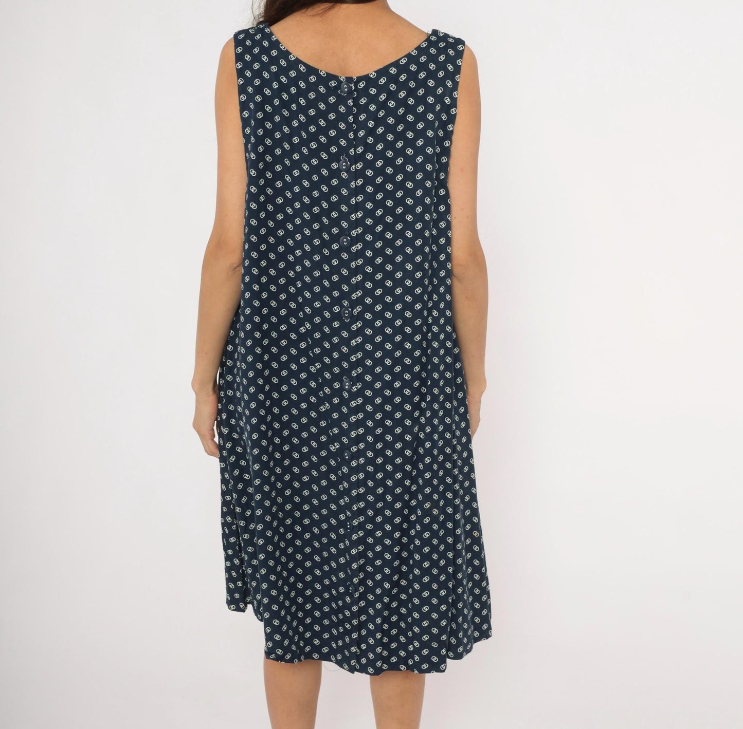 80s Steena Navy Sundress White Geometric Print Cotton Knee-Length Large L