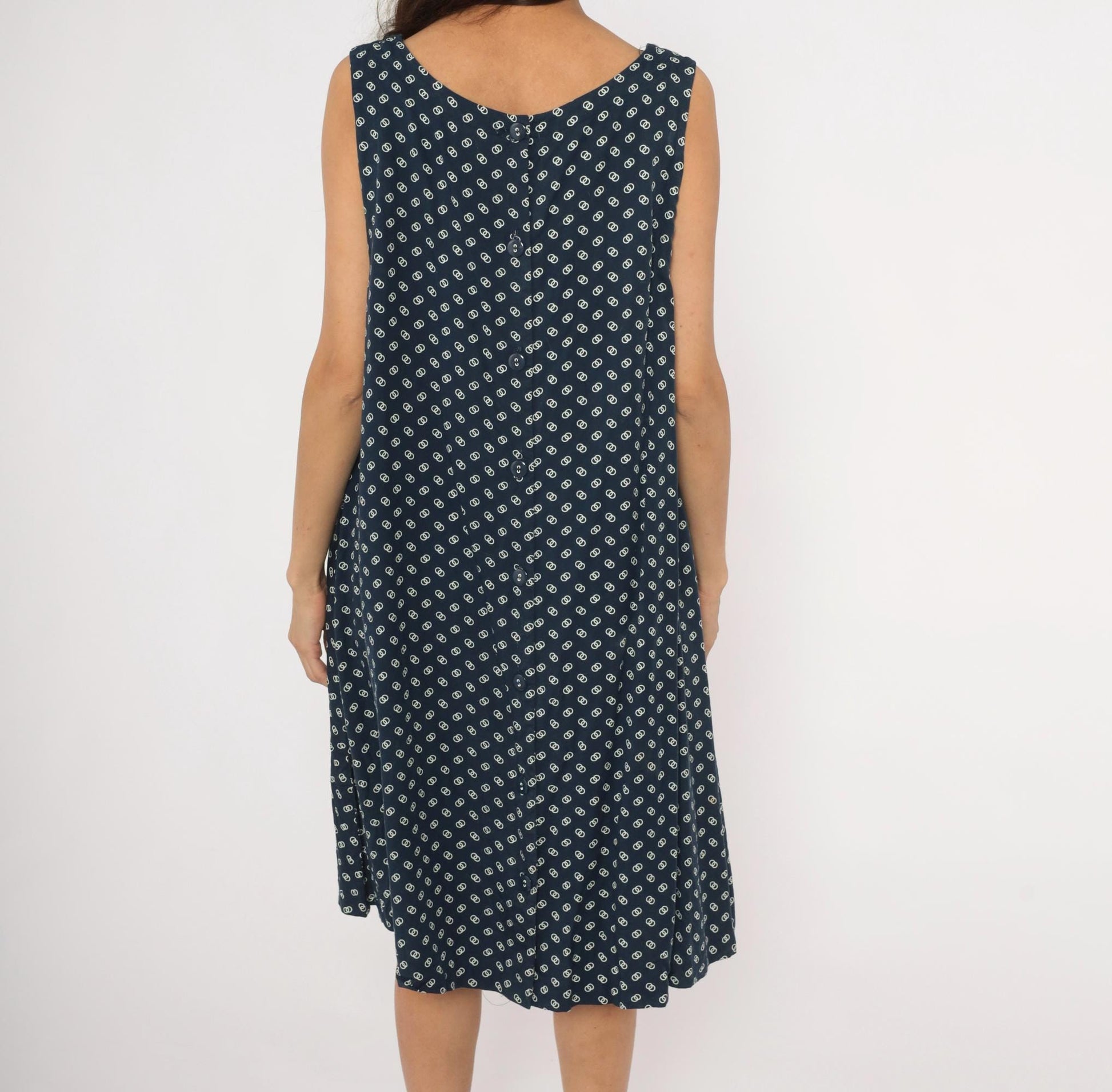 80s Steena Navy Sundress White Geometric Print Cotton Knee-Length Large L