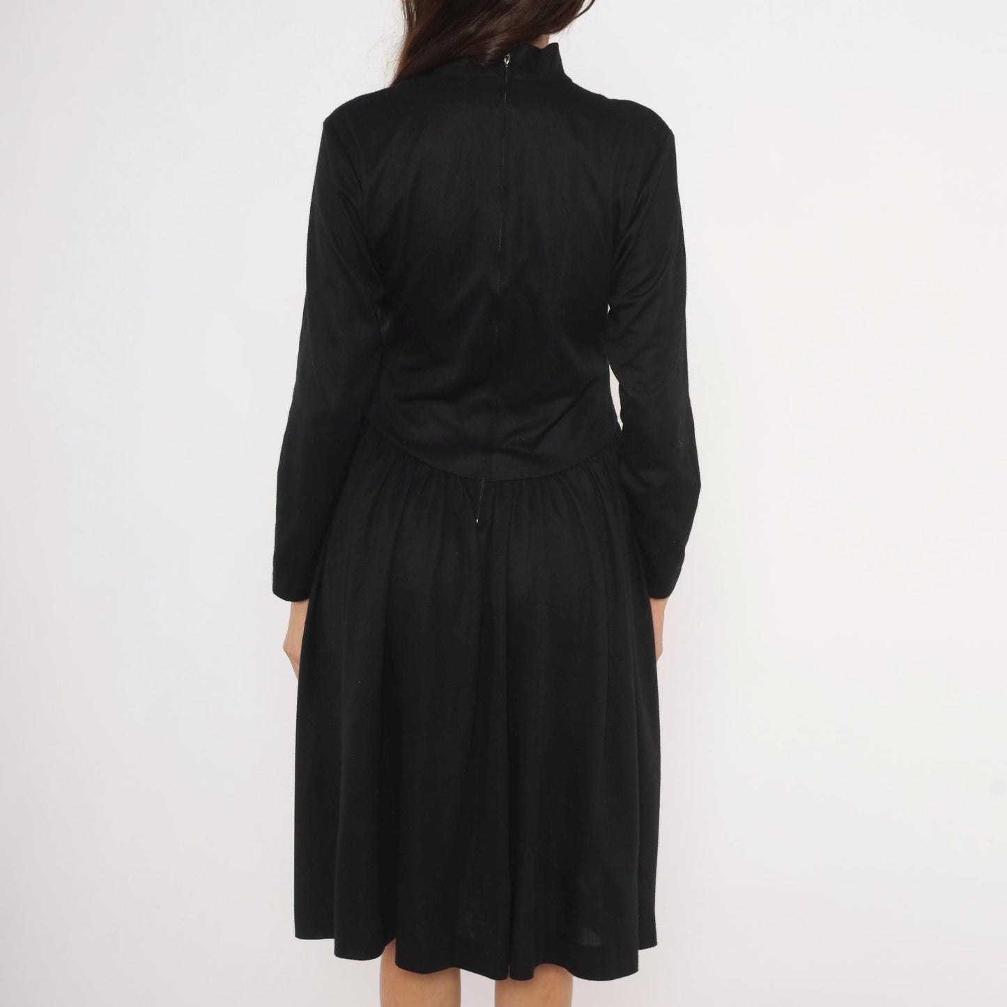 80s Vicky Vaughn Mock Neck Dress Black Drop Waist A-Line Medium M