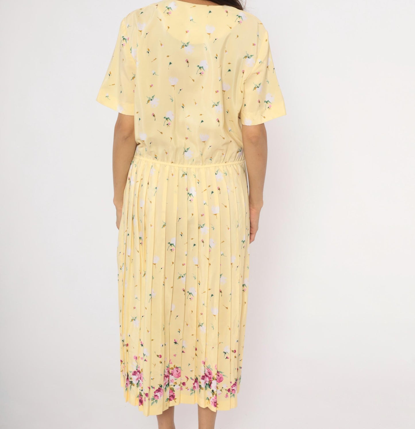 80s Leslie Fay Butter Yellow Floral Midi Dress Lace Collar Pleated Skirt Large L