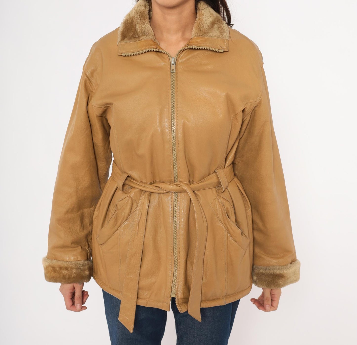 2000s Mny Tan Leather Jacket Fur-Trimmed Collar Belted Hip-Length Small S