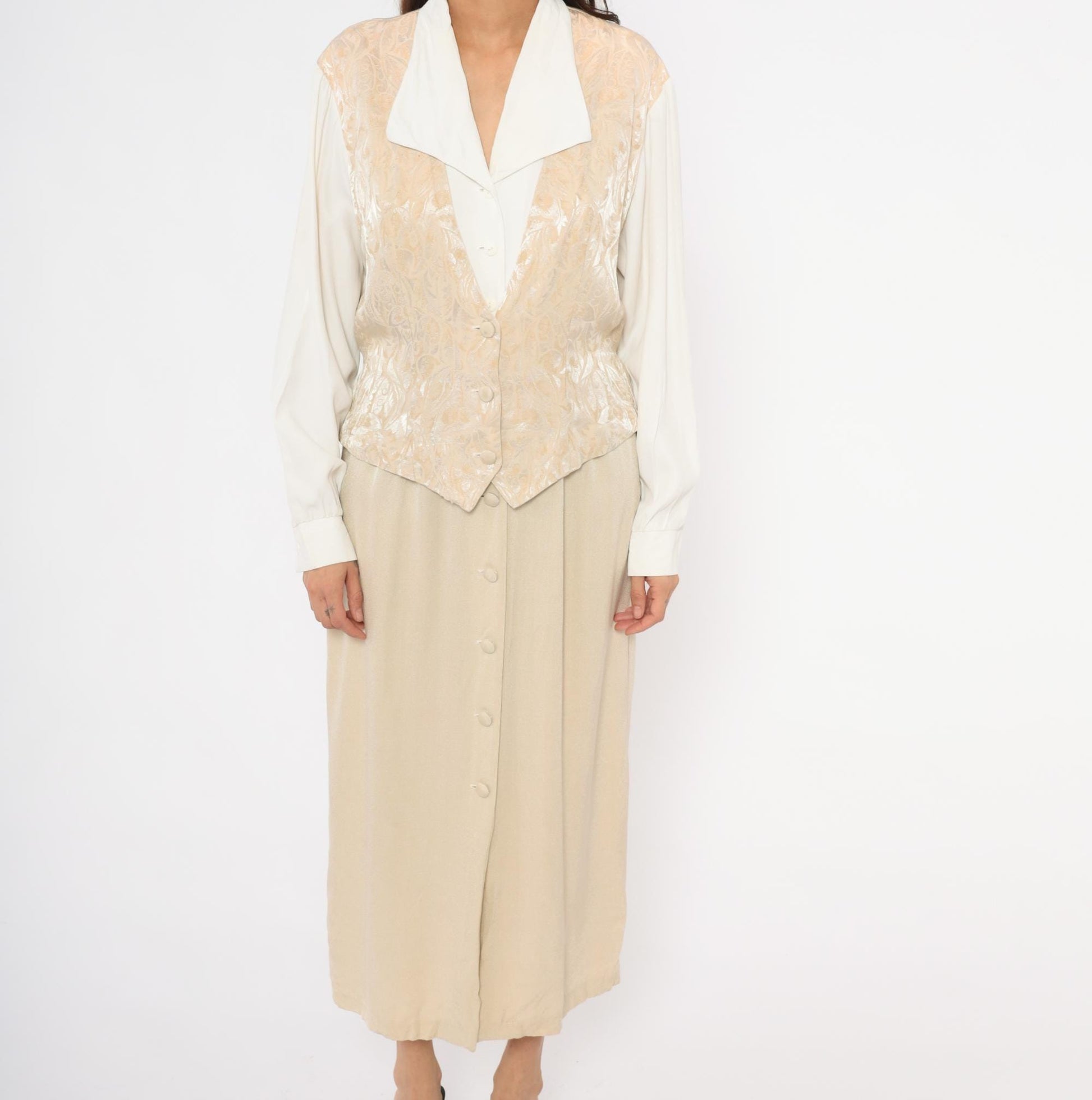 80s Miss Scarlett Jacquard Vest Midi Dress Ivory Collar Cream Sleeves Large L