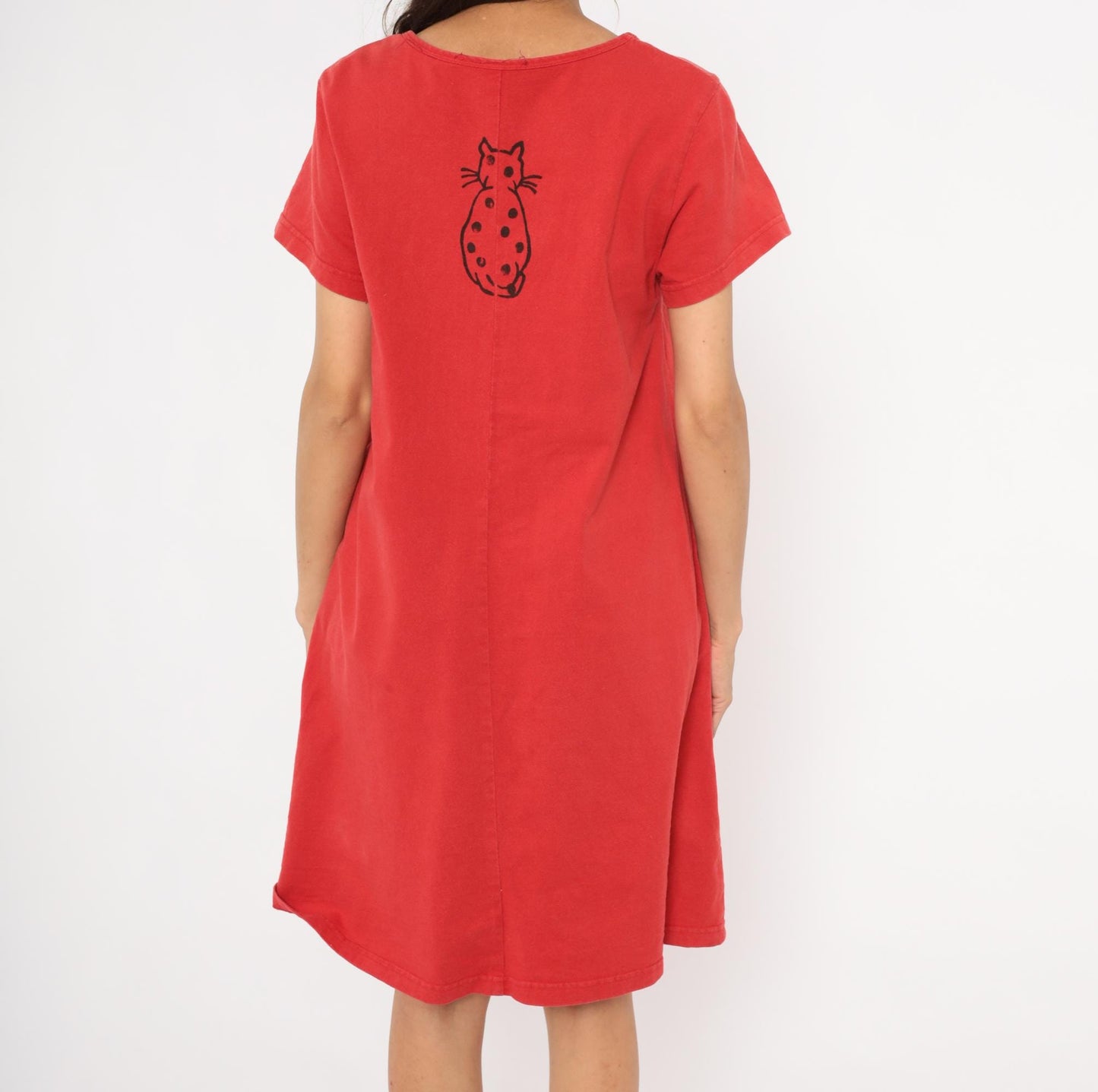 90s Cat T-Shirt Dress Red Cotton Graphic Paw Print Scoop Neck Small Medium