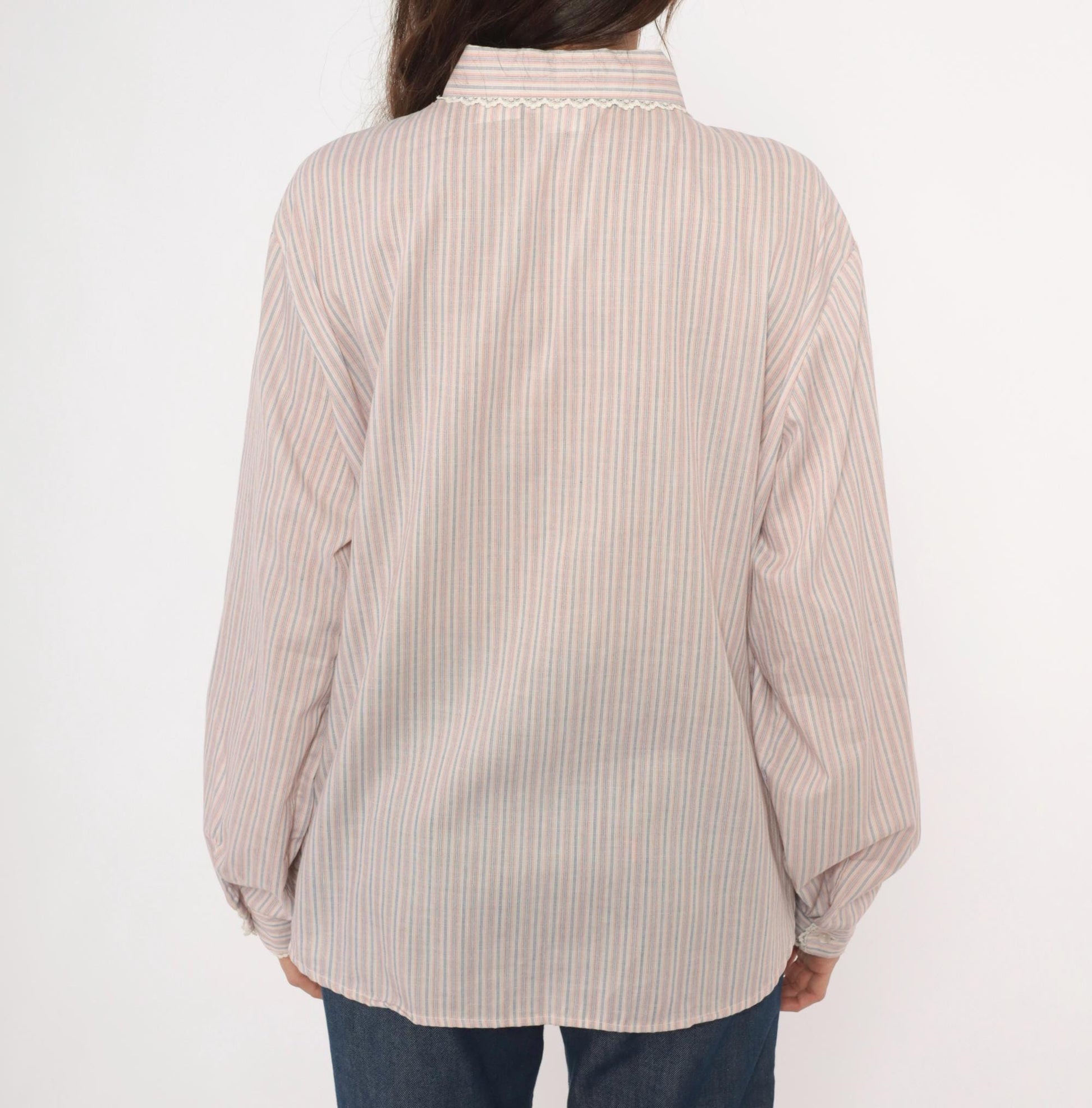 80s Laura Mae Striped Cotton Blouse Peter Pan Collar Lace Trim Extra Large XL