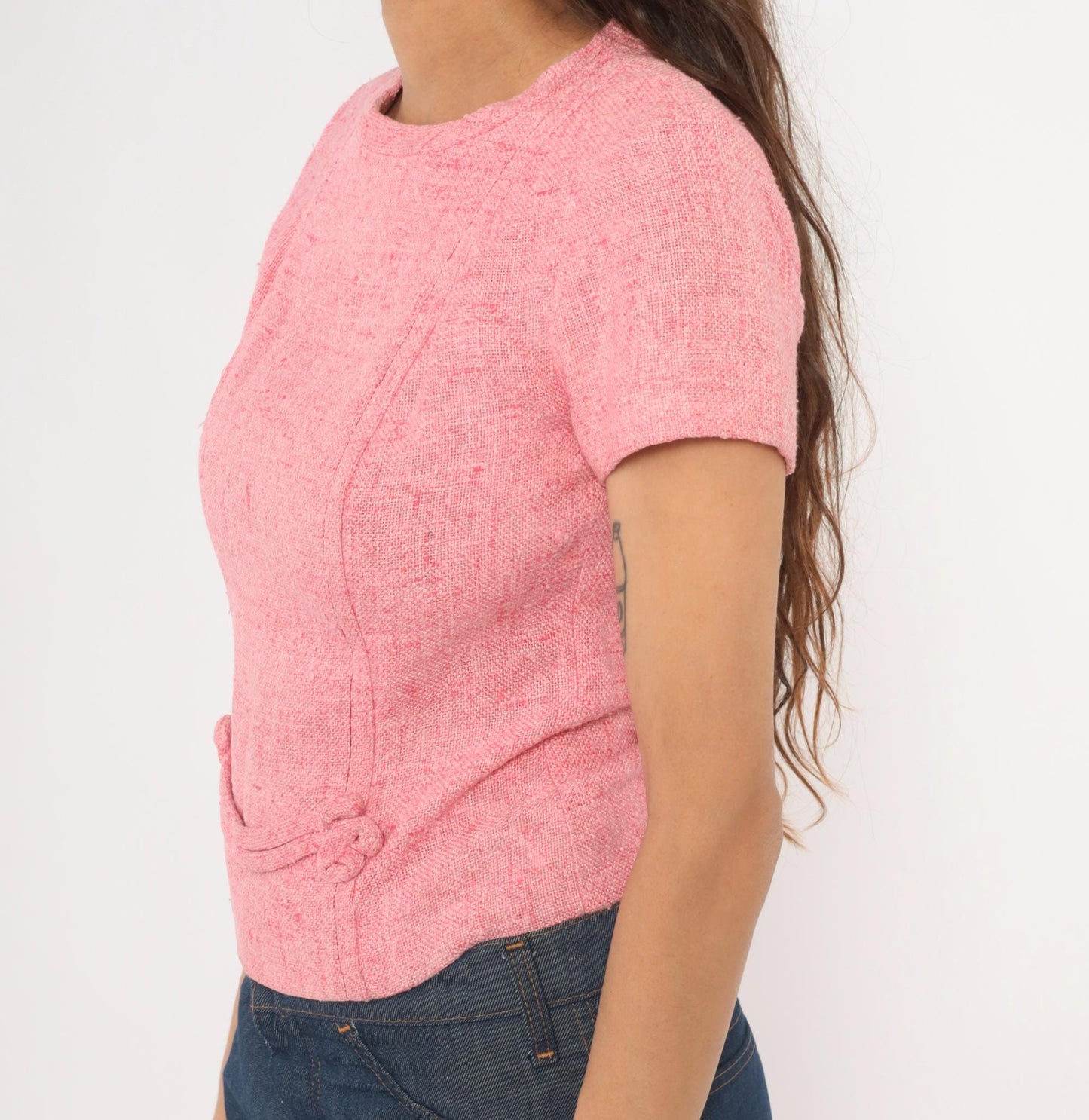 60s Pink Tweed Blouse Scoop Neck Bow Detail Fitted Waist Cotton Small