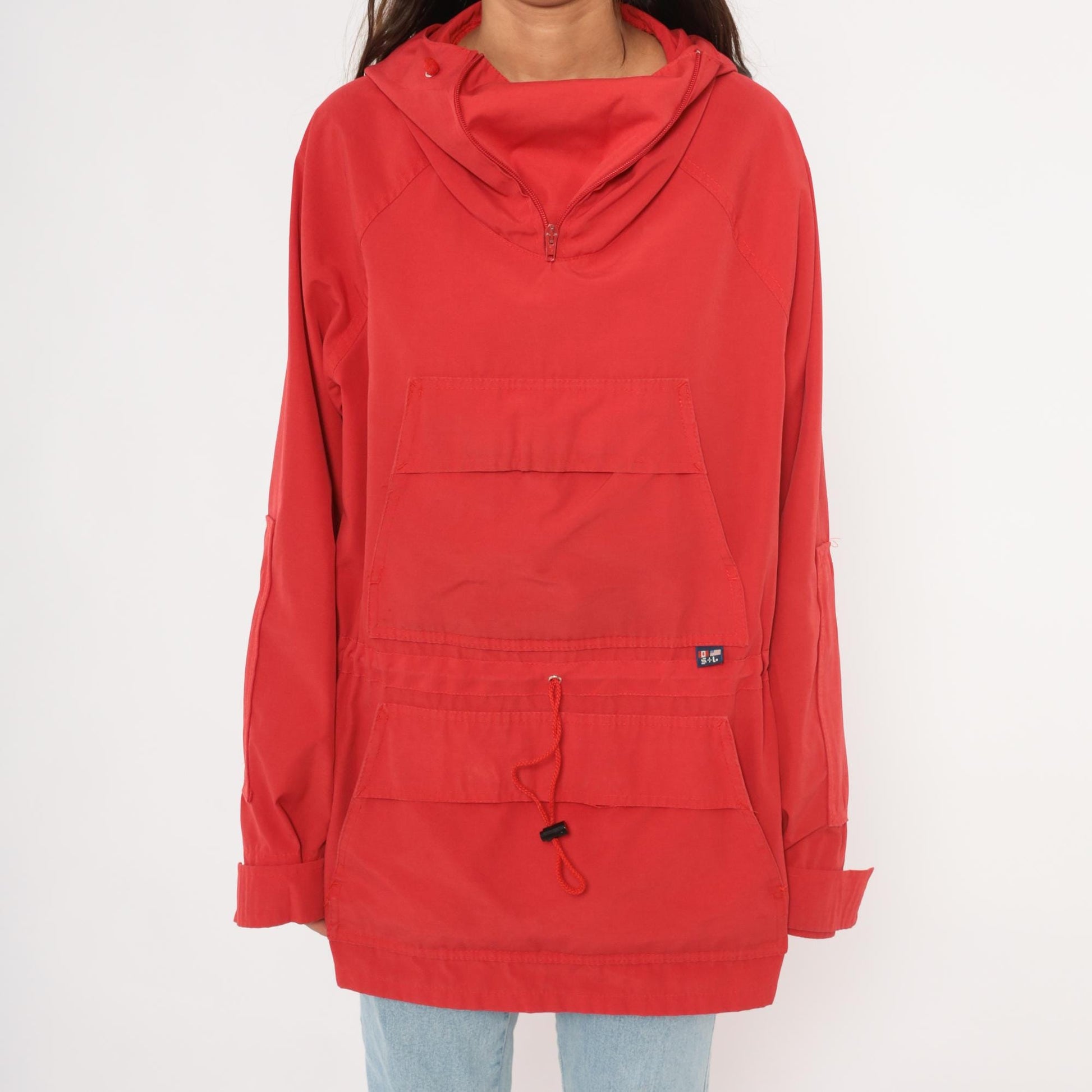 80s Red Anorak Pullover Half-Zip Windbreaker Kangaroo Pocket Jacket Extra Large