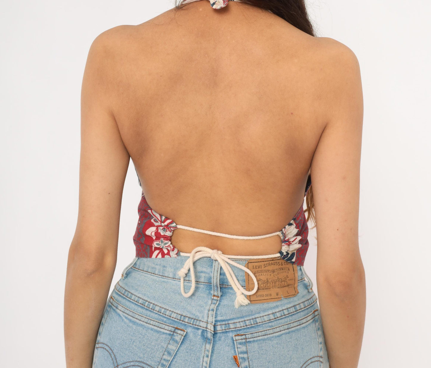 Y2K Hawaiian Halter Crop Top Tropical Print Red Navy Cream Small S