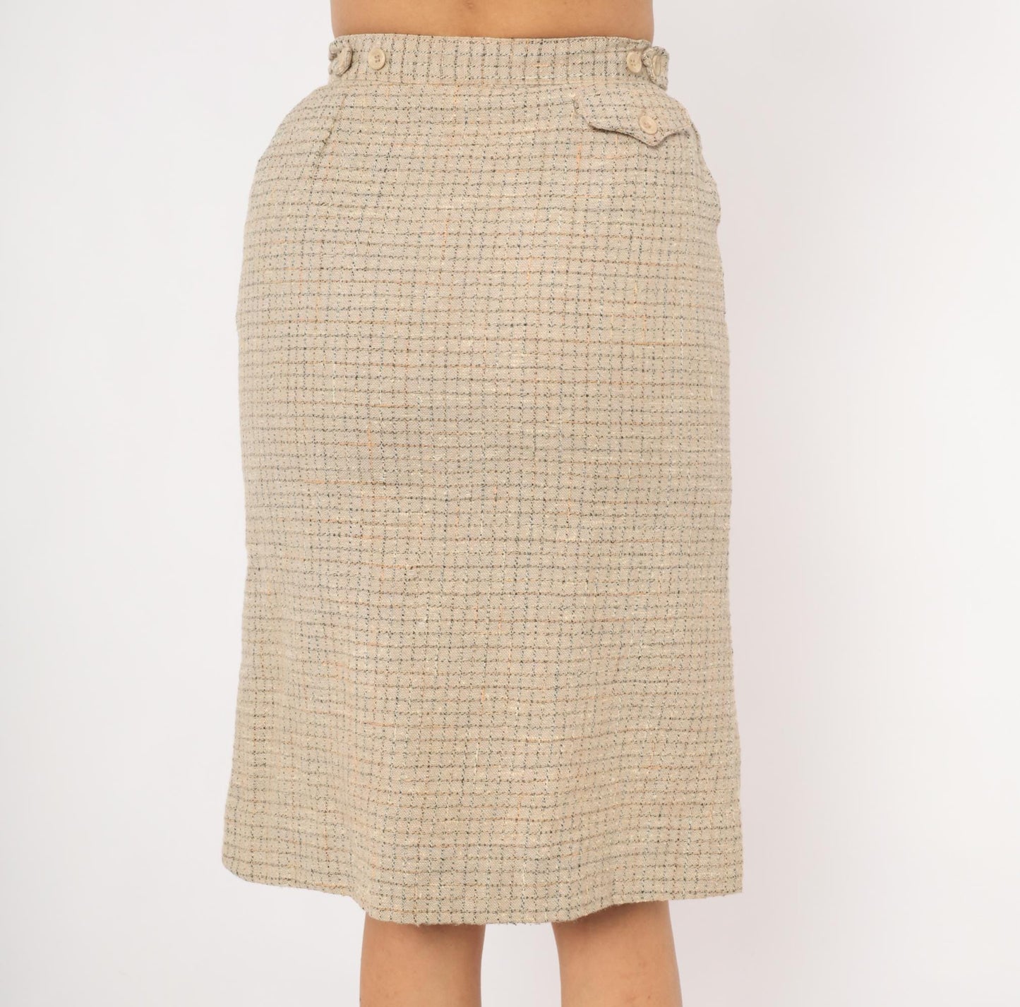 70s John Meyer Tweed Pencil Skirt Tan Houndstooth Check Knee Length Wool Small
