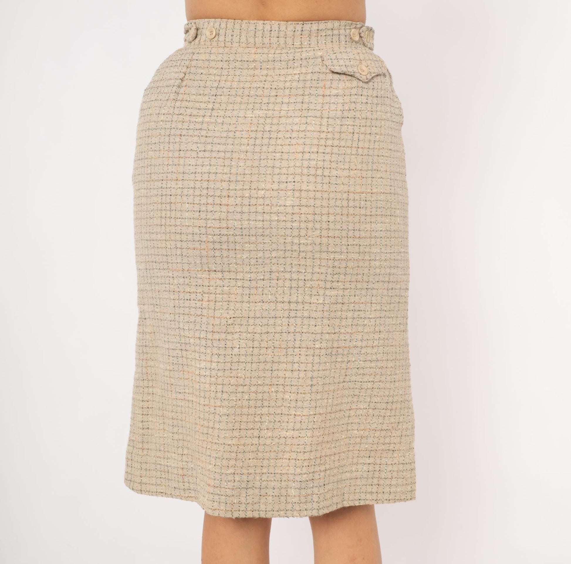70s John Meyer Tweed Pencil Skirt Tan Houndstooth Check Knee Length Wool Small