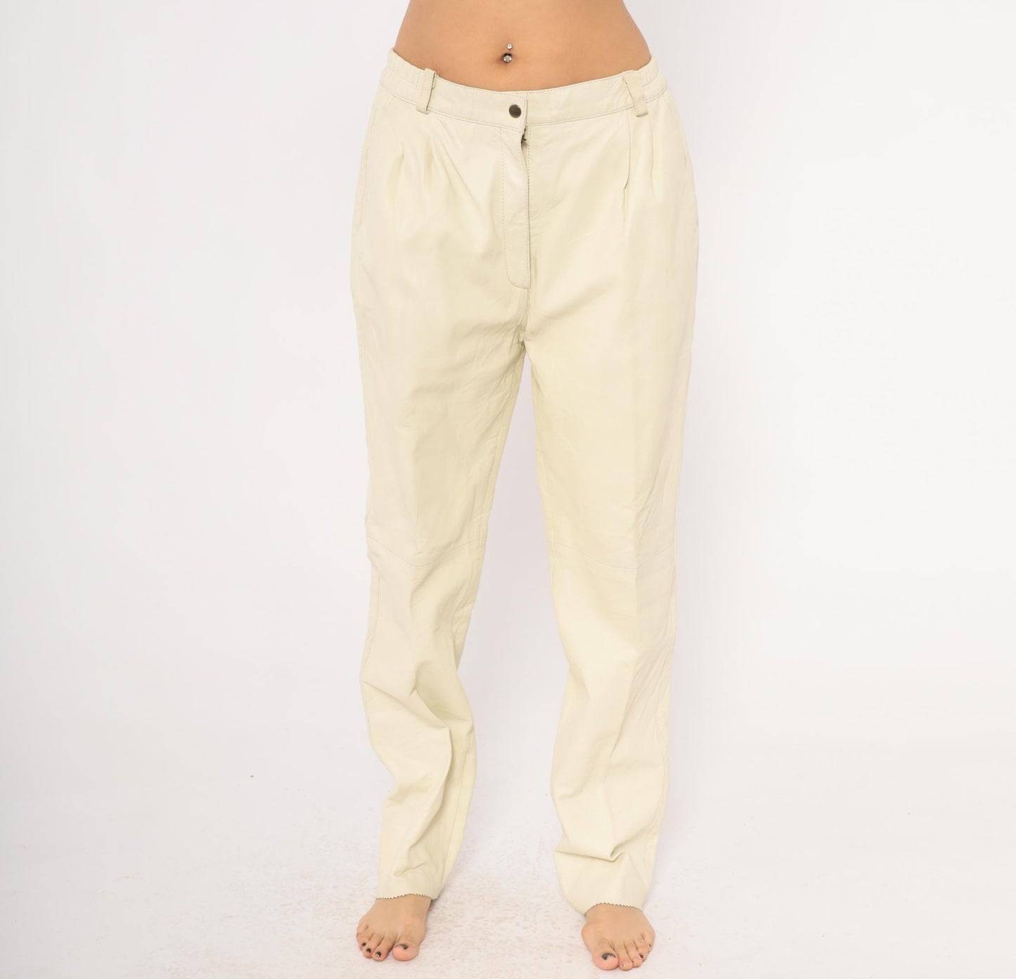 80s Masart Cream Leather Pants Pleated Front Straight Leg Mid-Rise Size 16