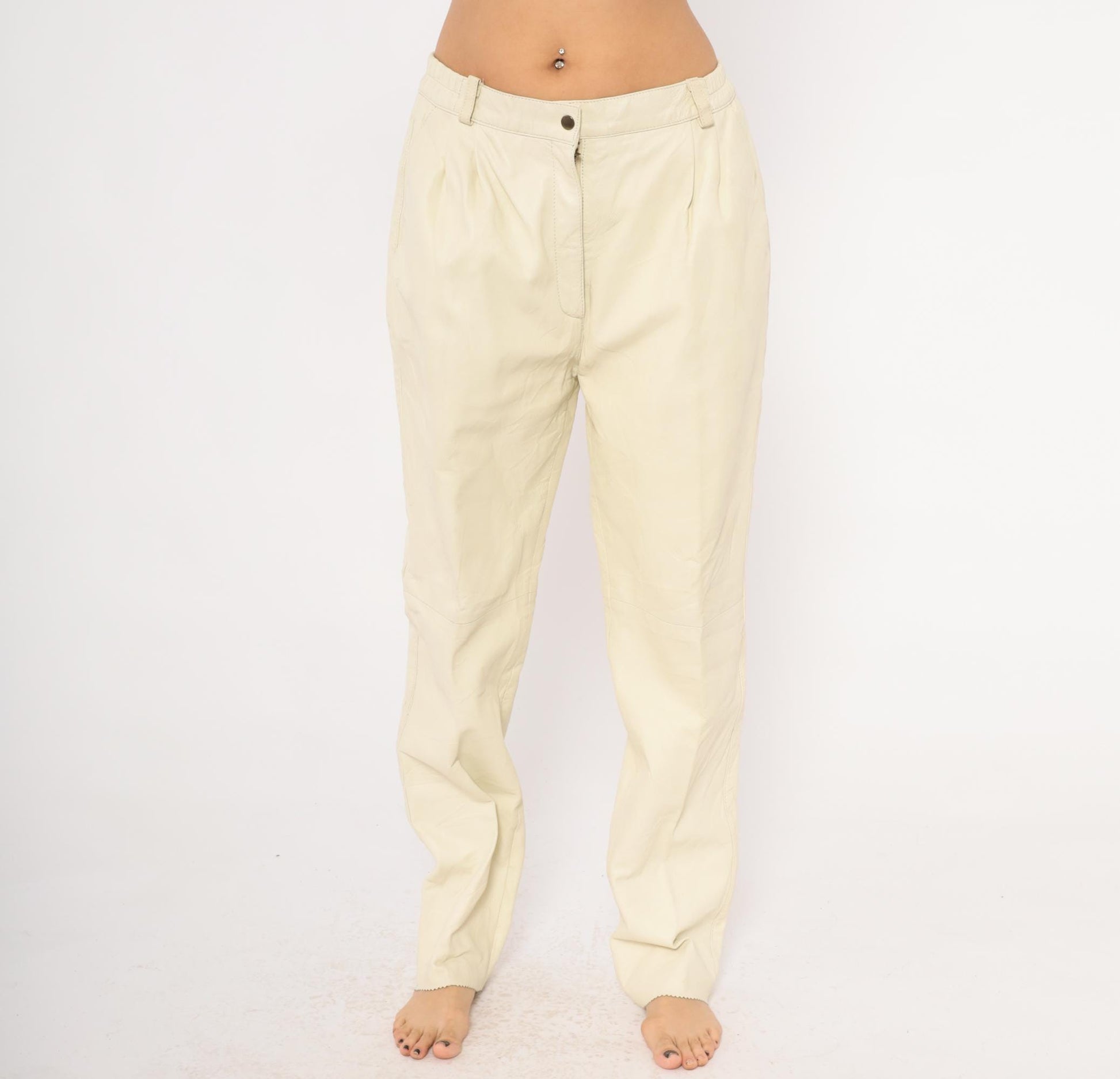 80s Masart Cream Leather Pants Pleated Front Straight Leg Mid-Rise Size 16