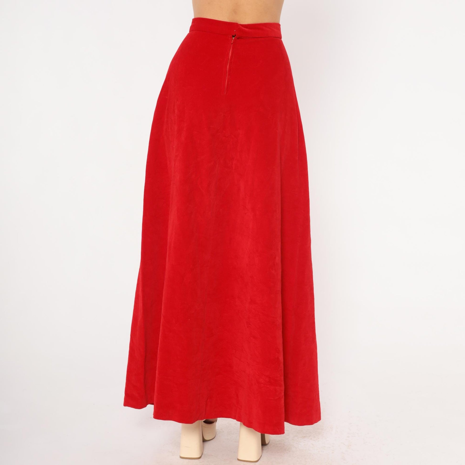 70s Red Velvet Maxi Skirt High Waist A-Line Floor Length Small