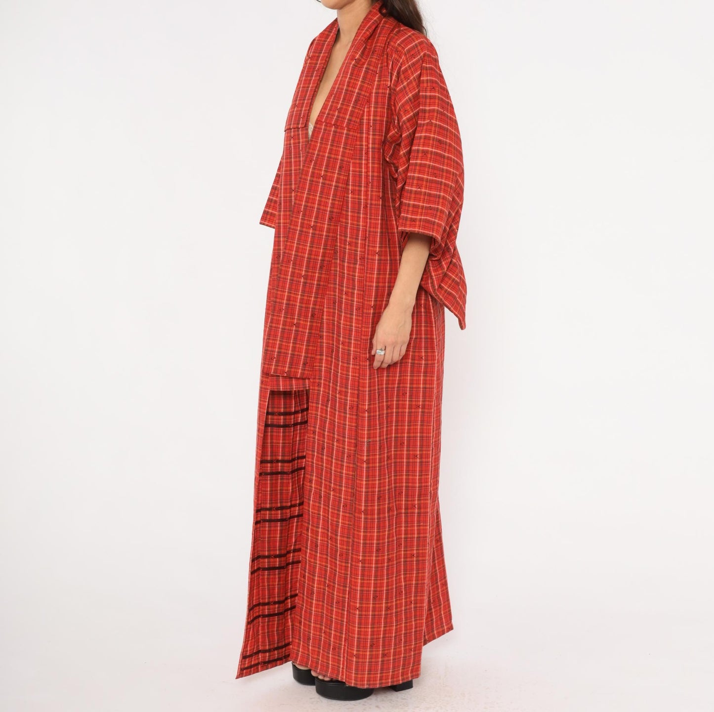 70s Red Plaid Wool Kimono Robe Floor Length Open Front Tartan Duster