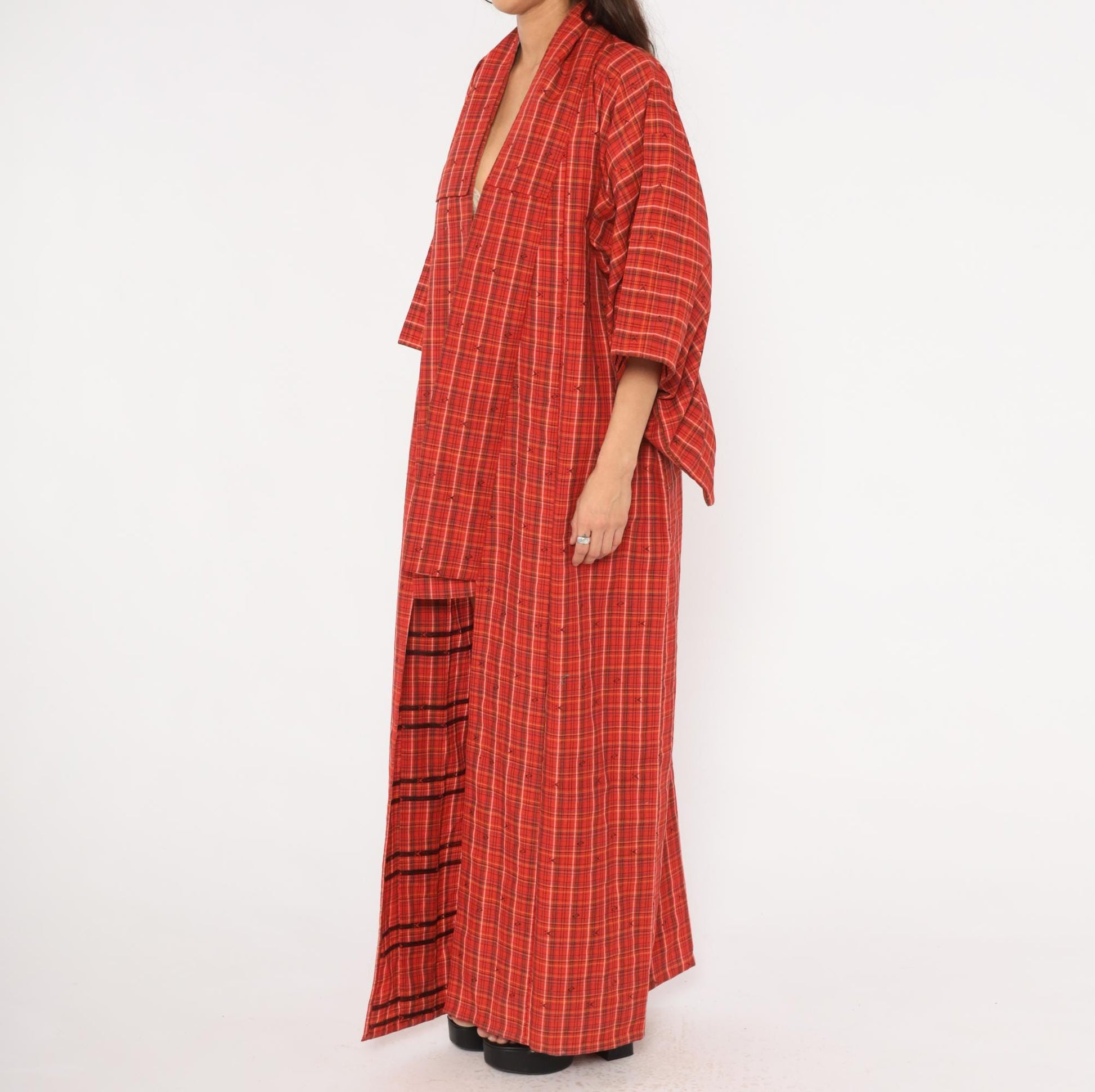 70s Red Plaid Wool Kimono Robe Floor Length Open Front Tartan Duster