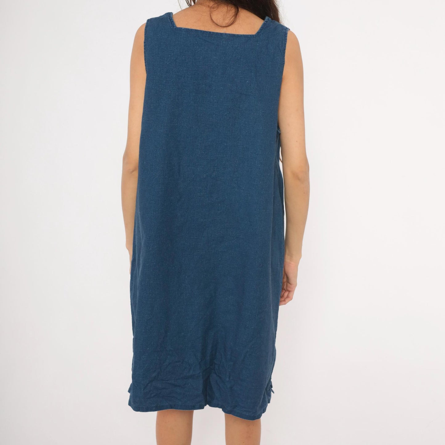 90s Portraits Navy Denim Shift Dress Square Neck Knee-Length Cotton Extra Large XL