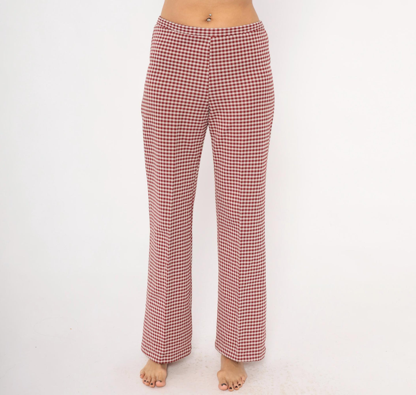 70s Houndstooth Flare Pants Burgundy Cream Low Rise Bell Bottom Medium