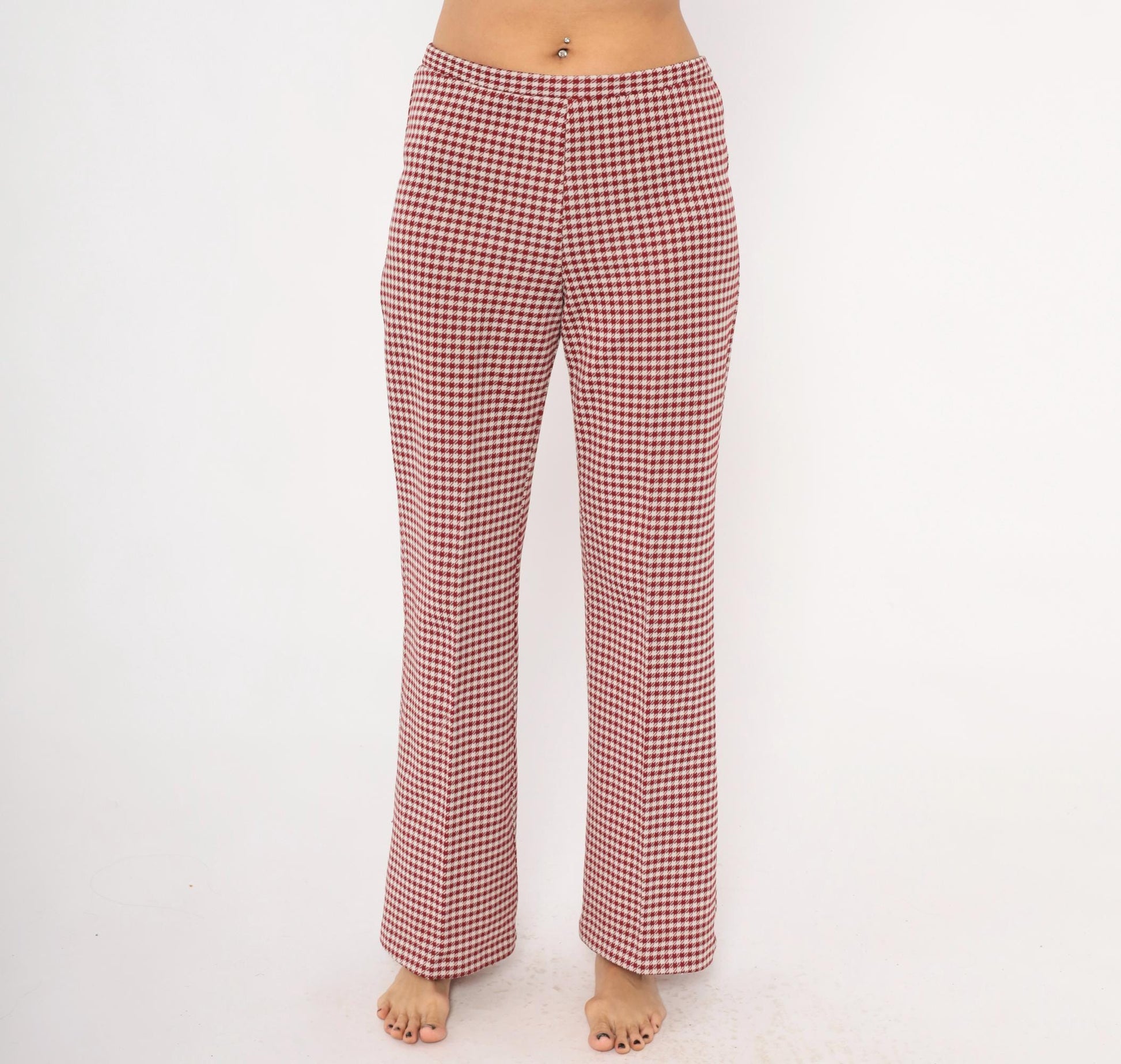 70s Houndstooth Flare Pants Burgundy Cream Low Rise Bell Bottom Medium