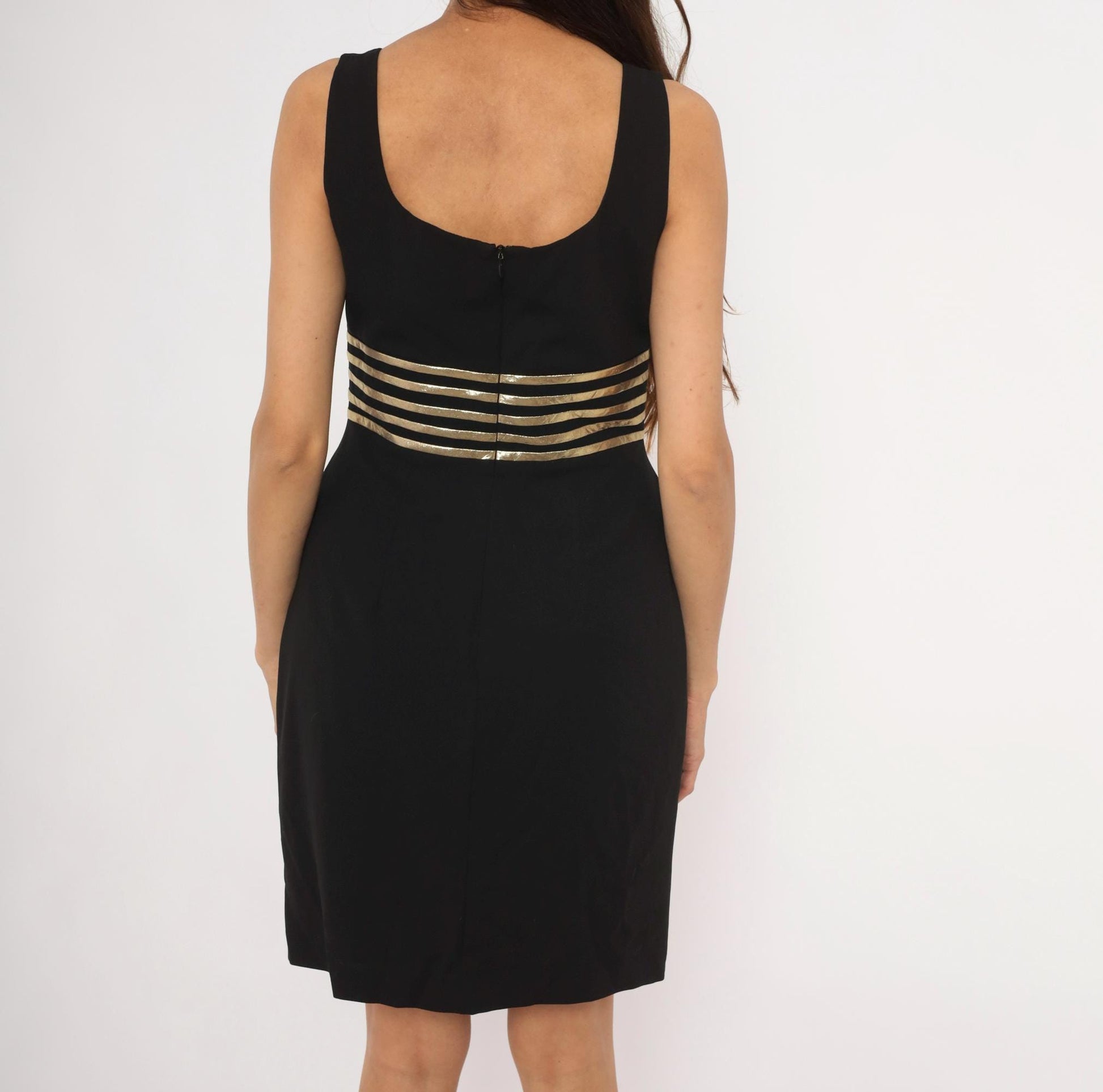 90s Datiani Black Mini Dress Gold Striped Waistband Sleeveless Medium M