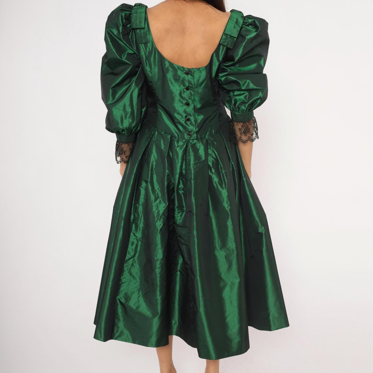 60s Emerald Taffeta Gown Puff Sleeve Forest Green Bow Shoulder Lace Cuff Large