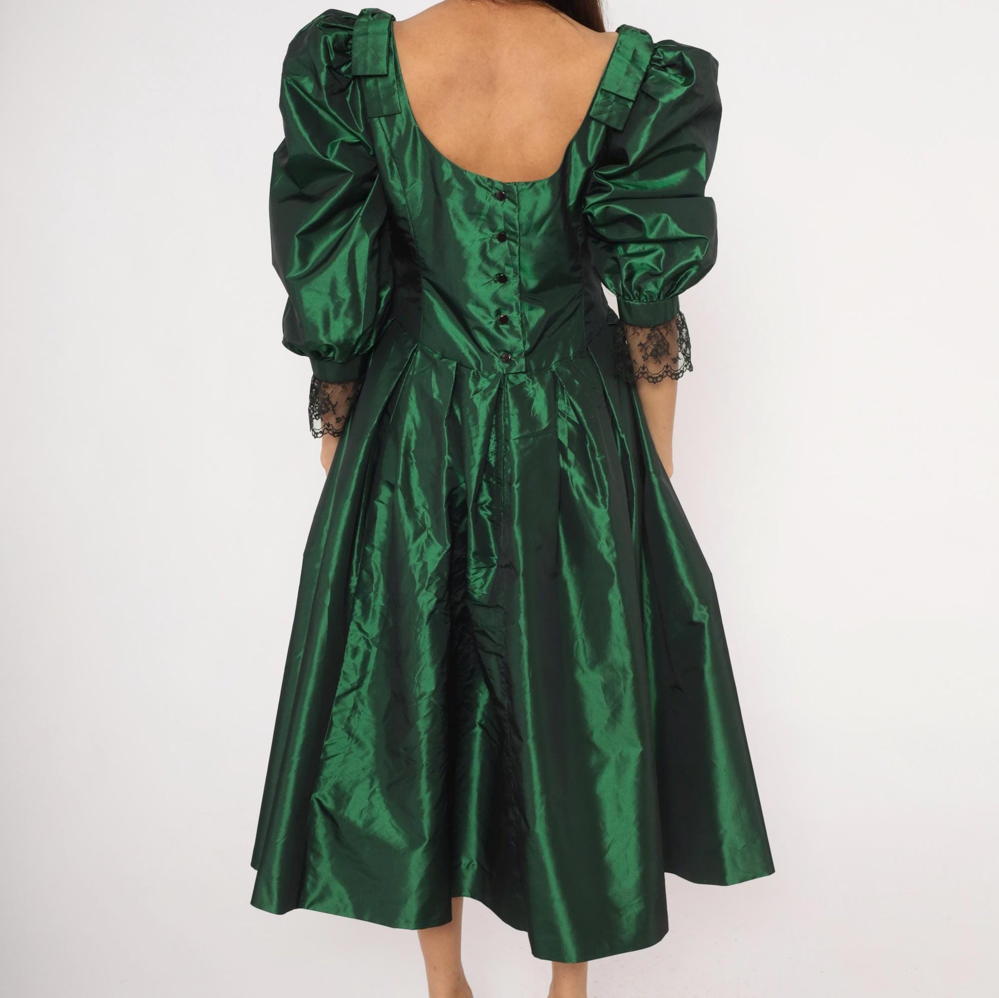 60s Emerald Taffeta Gown Puff Sleeve Forest Green Bow Shoulder Lace Cuff Large