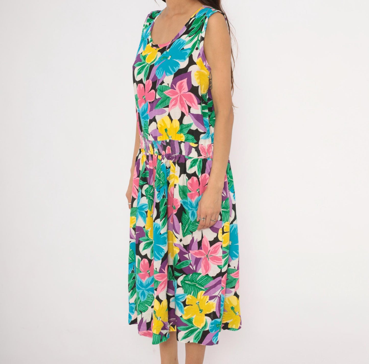 90s Tumbleweeds Tropical Hibiscus Midi Sundress Cotton Scoop Neck Large L