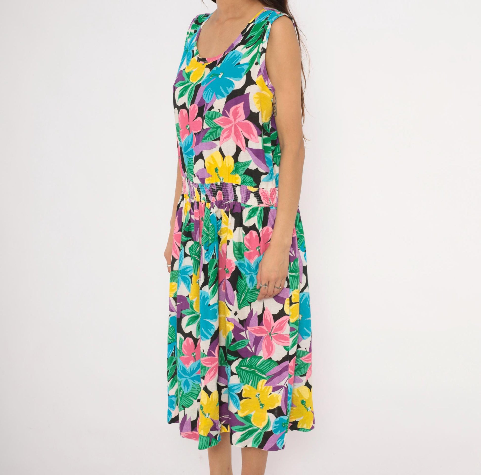 90s Tumbleweeds Tropical Hibiscus Midi Sundress Cotton Scoop Neck Large L