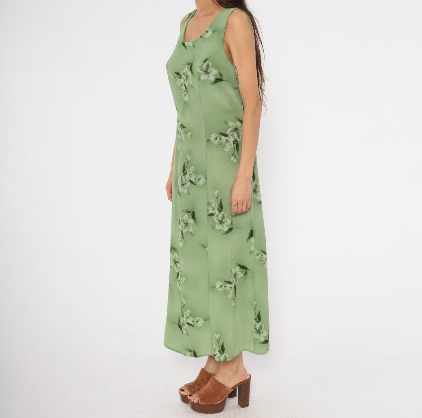 90s Fashion Bug Sage Green Floral Maxi Dress Sleeveless A-Line Large L