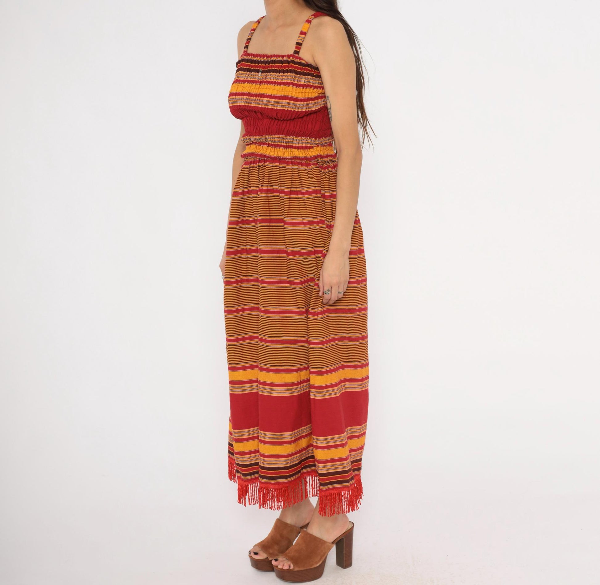 90s Striped Smocked Sundress Red Gold Fringe Hem Cotton Small
