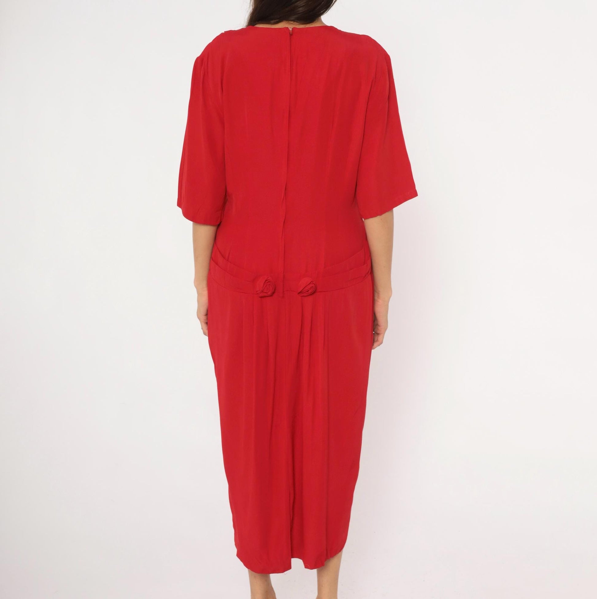 90s Atina Crimson Midi Dress Square Neckline Rosette Half Sleeve Large L