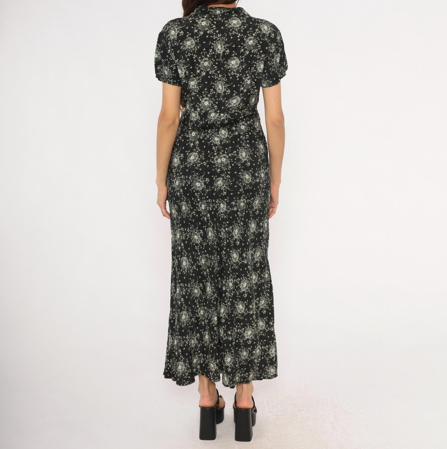 90s Scarlett Black Floral Maxi Dress White Dotted Short Sleeve Collared Large L