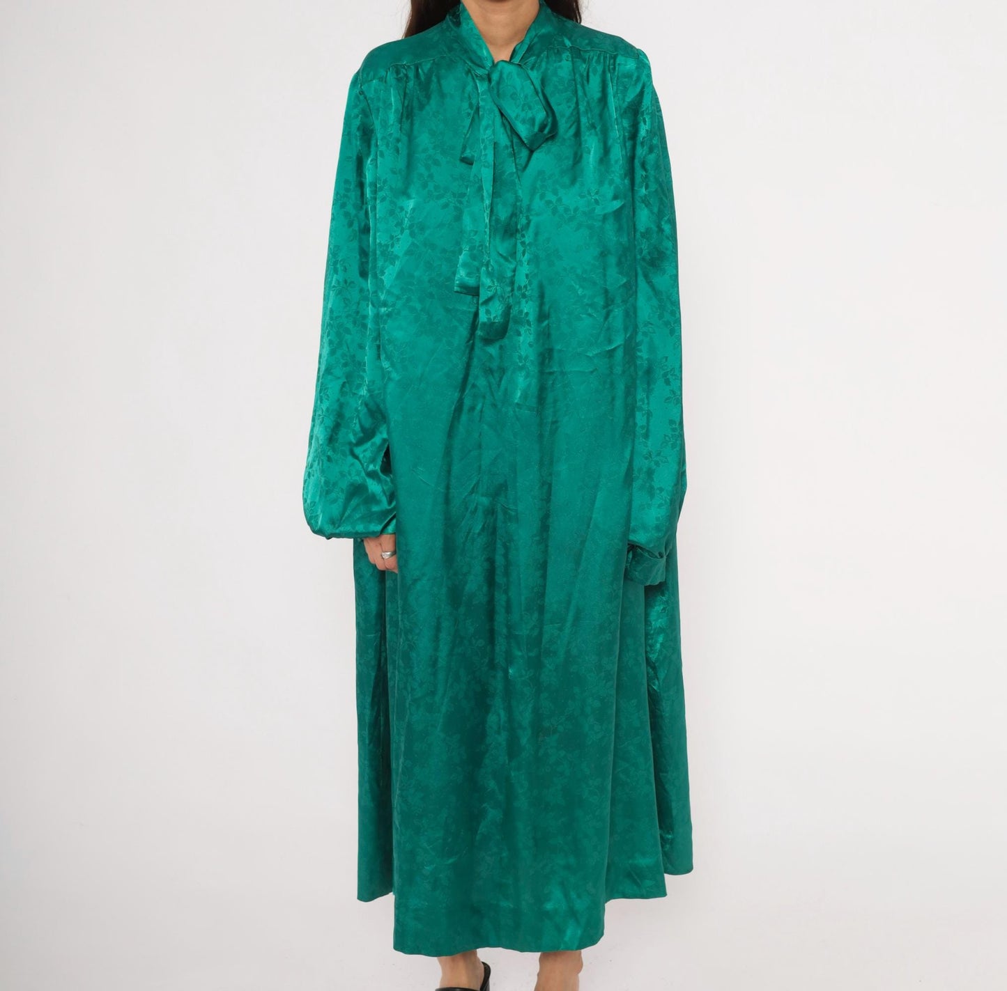 90s Teal Jacquard Maxi Dress Pussy Bow Balloon Sleeve Damask Emerald Extra Large