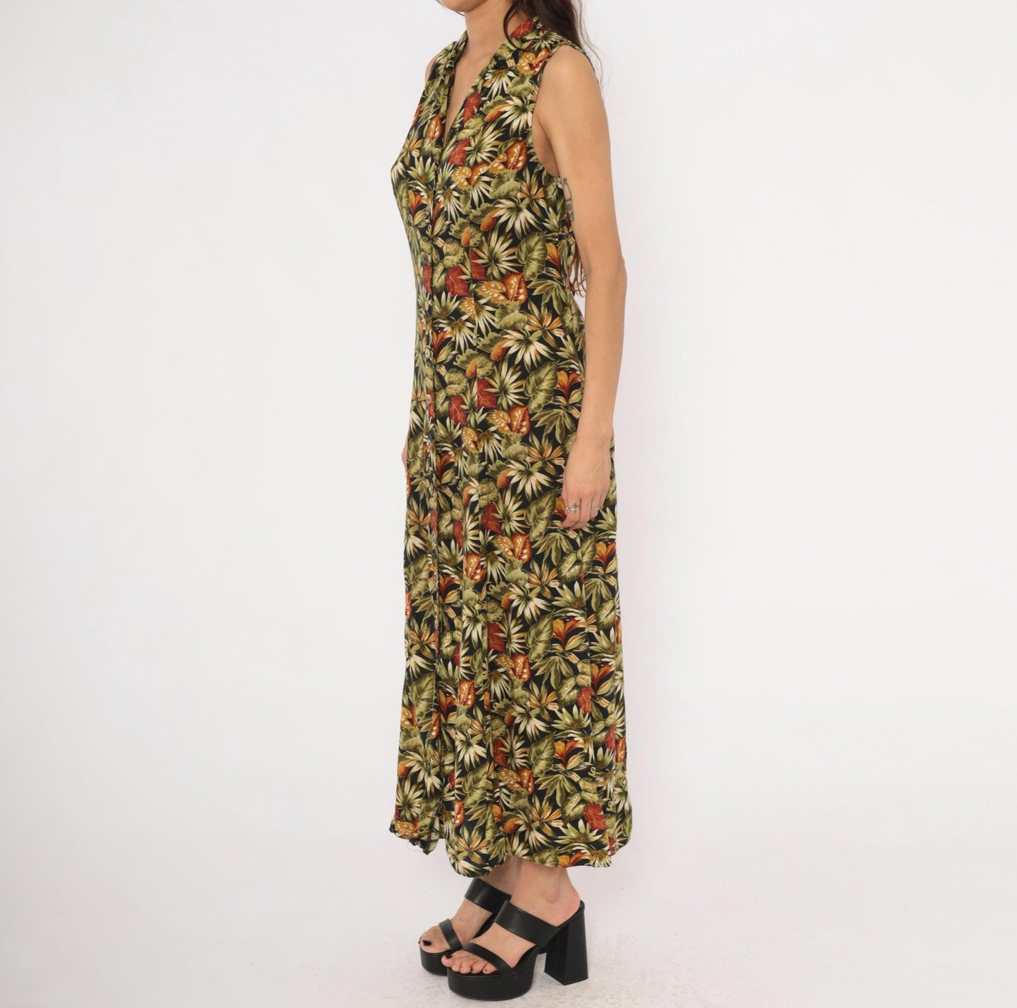 90s Teddi Tropical Leaf Maxi Dress Sleeveless Olive Green Medium M